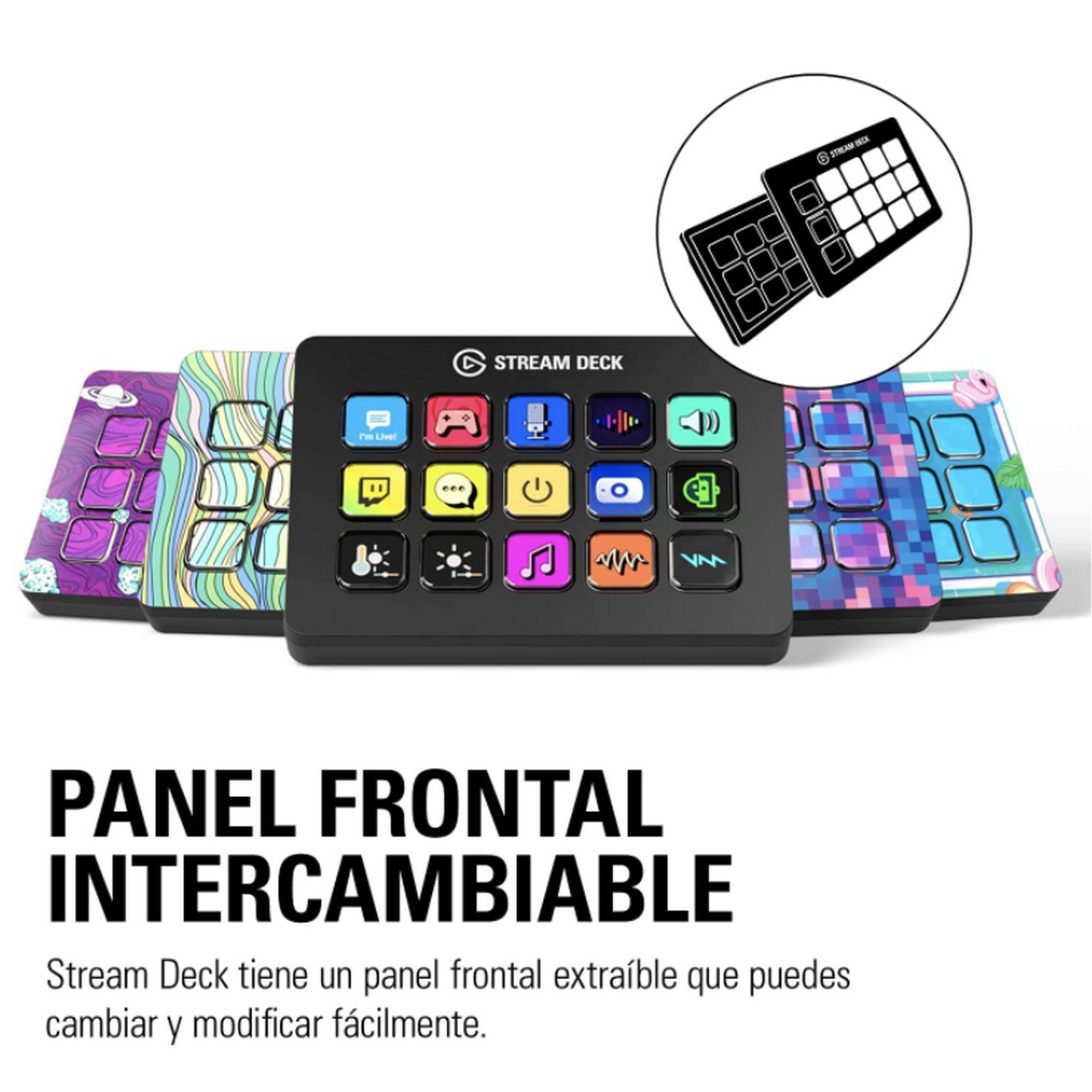 Stream Deck negro con panel frontal intercambiable, con iconos y selección de diseños de panel.
