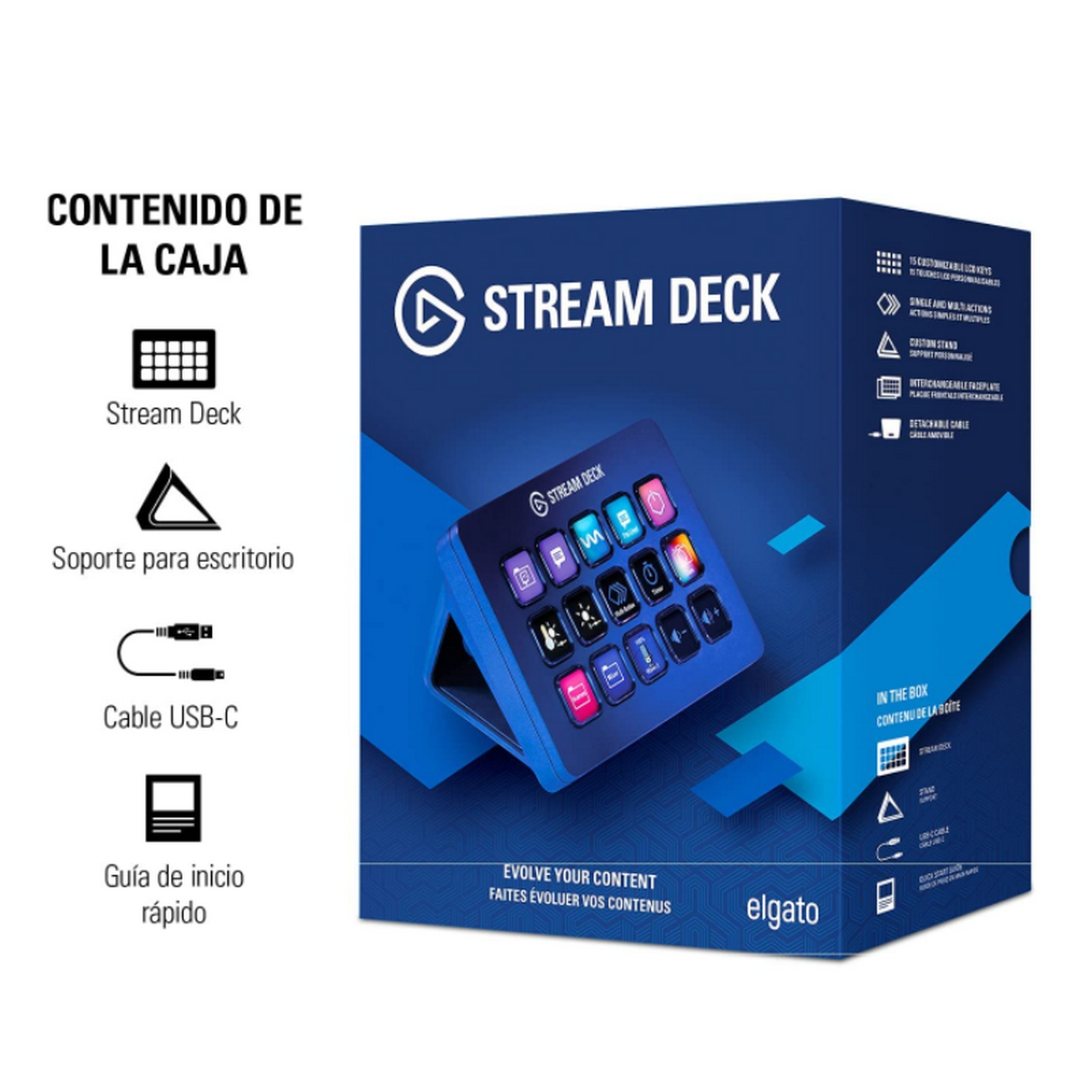 Una caja Stream Deck con detalles del producto y un dispositivo Stream Deck. La caja muestra el producto y sus características.