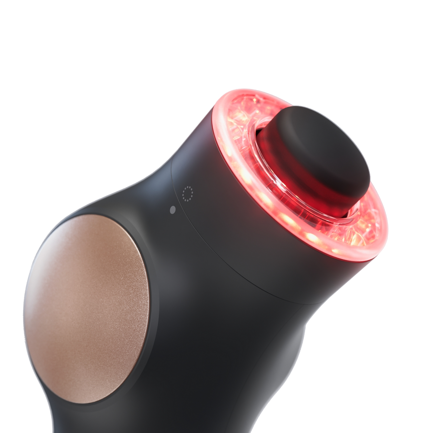 Un dispositivo negro y oro rosa para el cuidado de la piel con una luz roja alrededor de la parte superior.