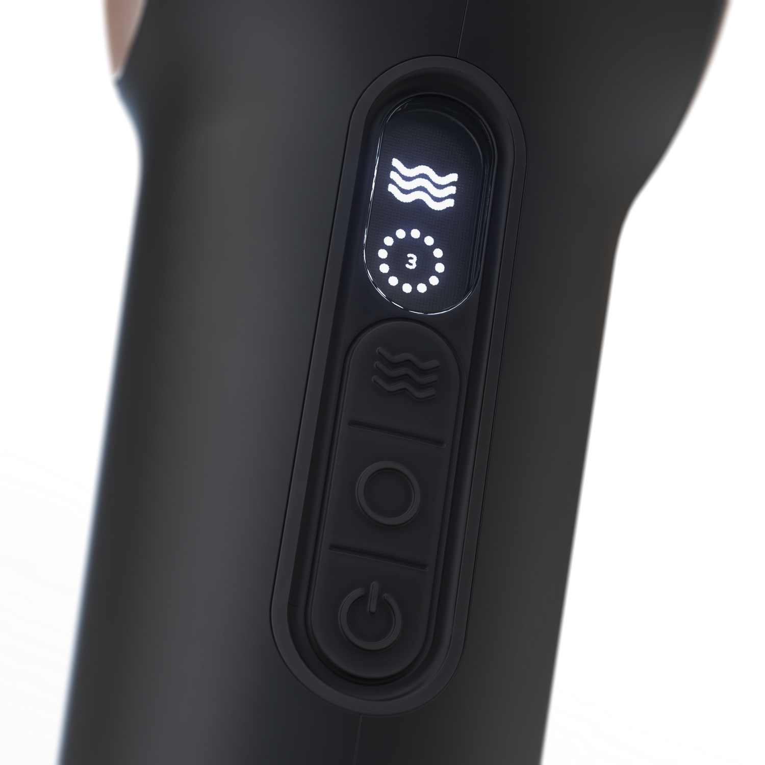 Primer plano de un secador de pelo negro con botones de control. Los botones incluyen encendido, ajustes de calor y símbolo de onda.