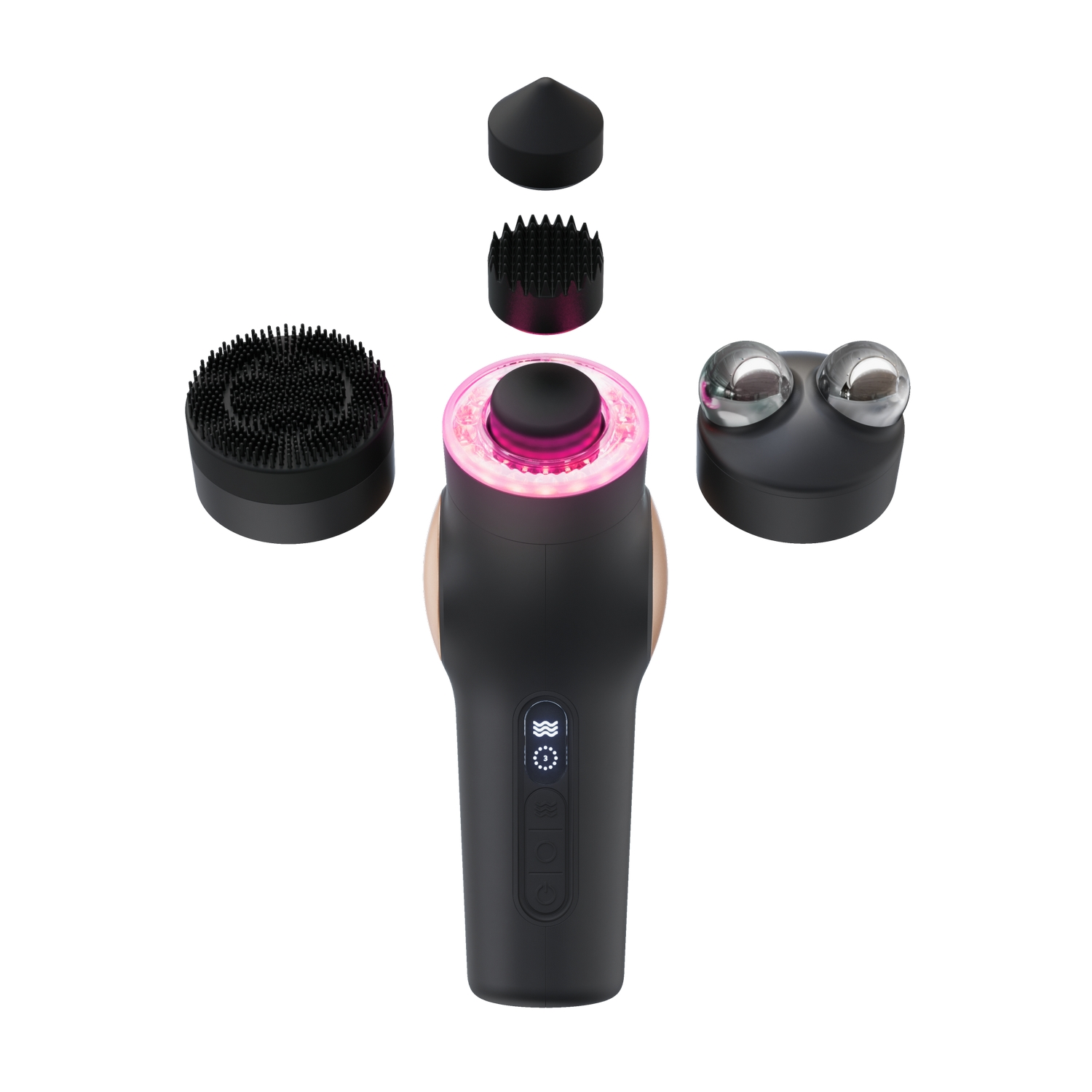 Dispositivo facial negro con accesorios: cepillos y esferas metálicas. Luz rosa.
