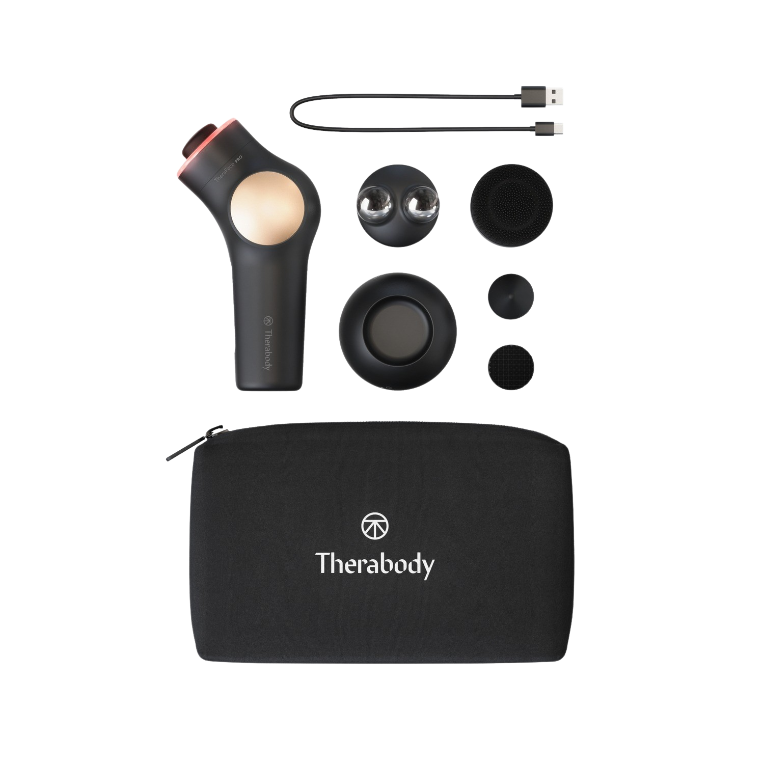 Masajeador - Therabody TheraFace PRO TF02226-01, Facial, LED Ring, Pantalla OLED, USB, 3 Cabezales, Negro