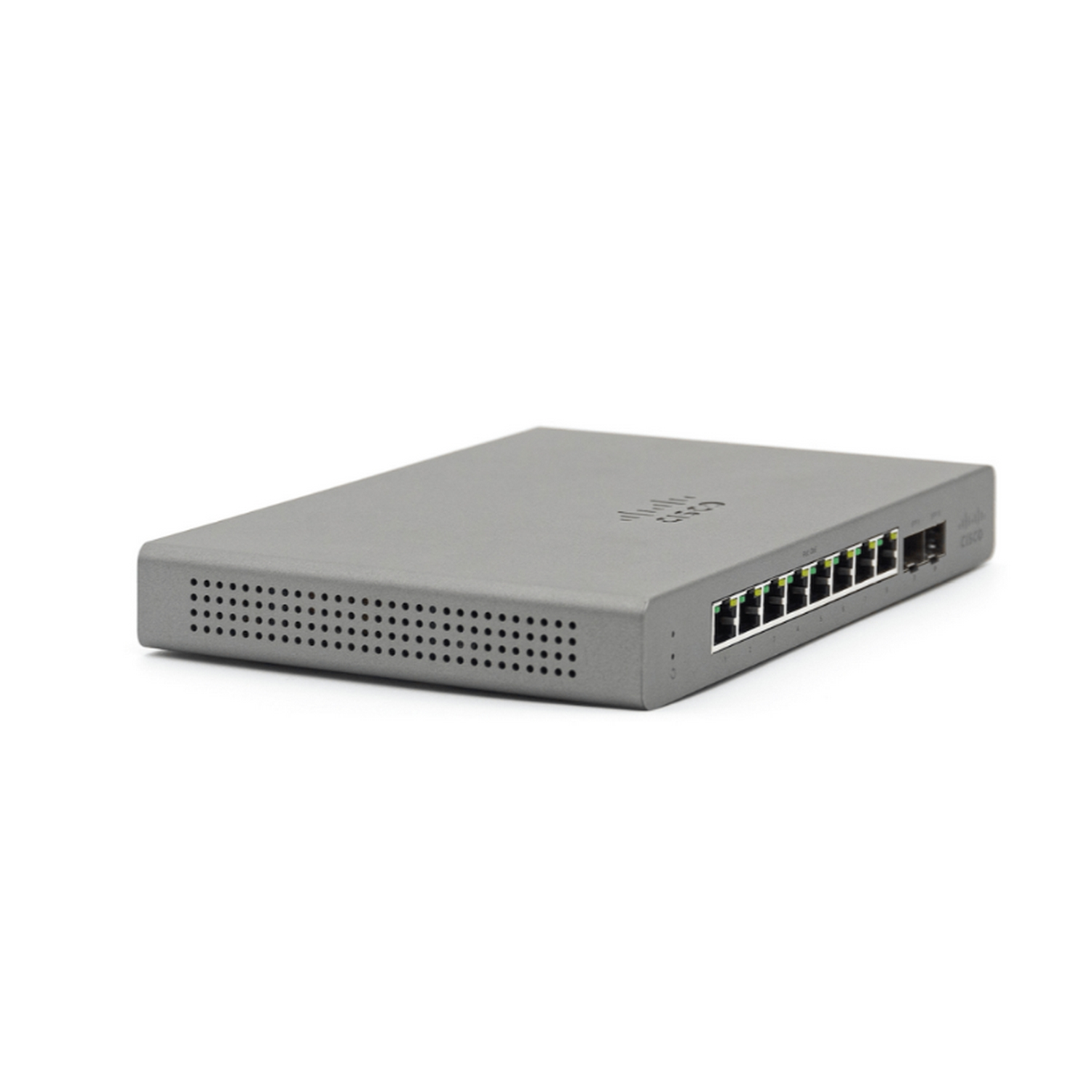Un switch de red Cisco gris sobre un fondo blanco. Tiene múltiples puertos.