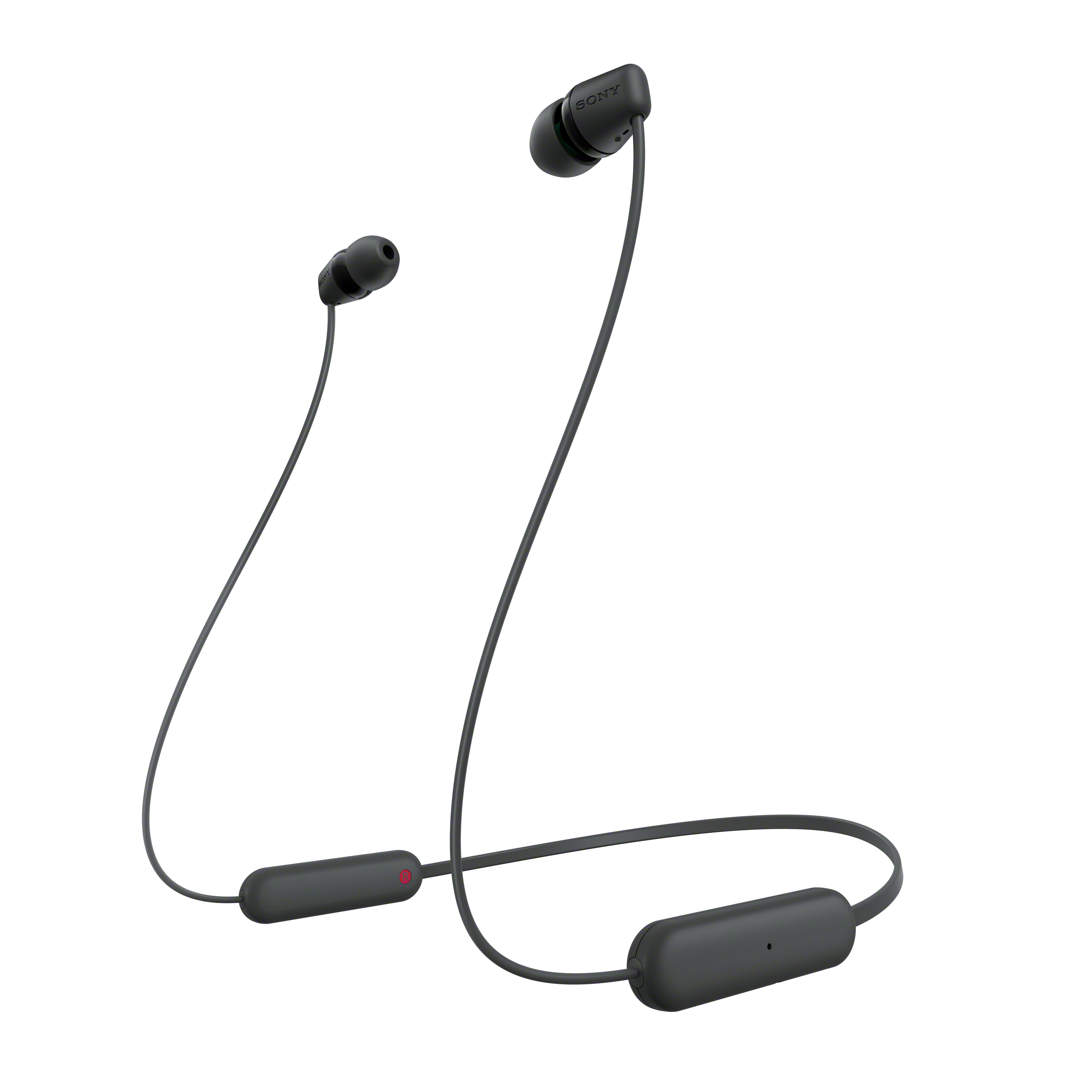 Black Sony wireless earbuds connected by a wire. The left earbud has a red button.