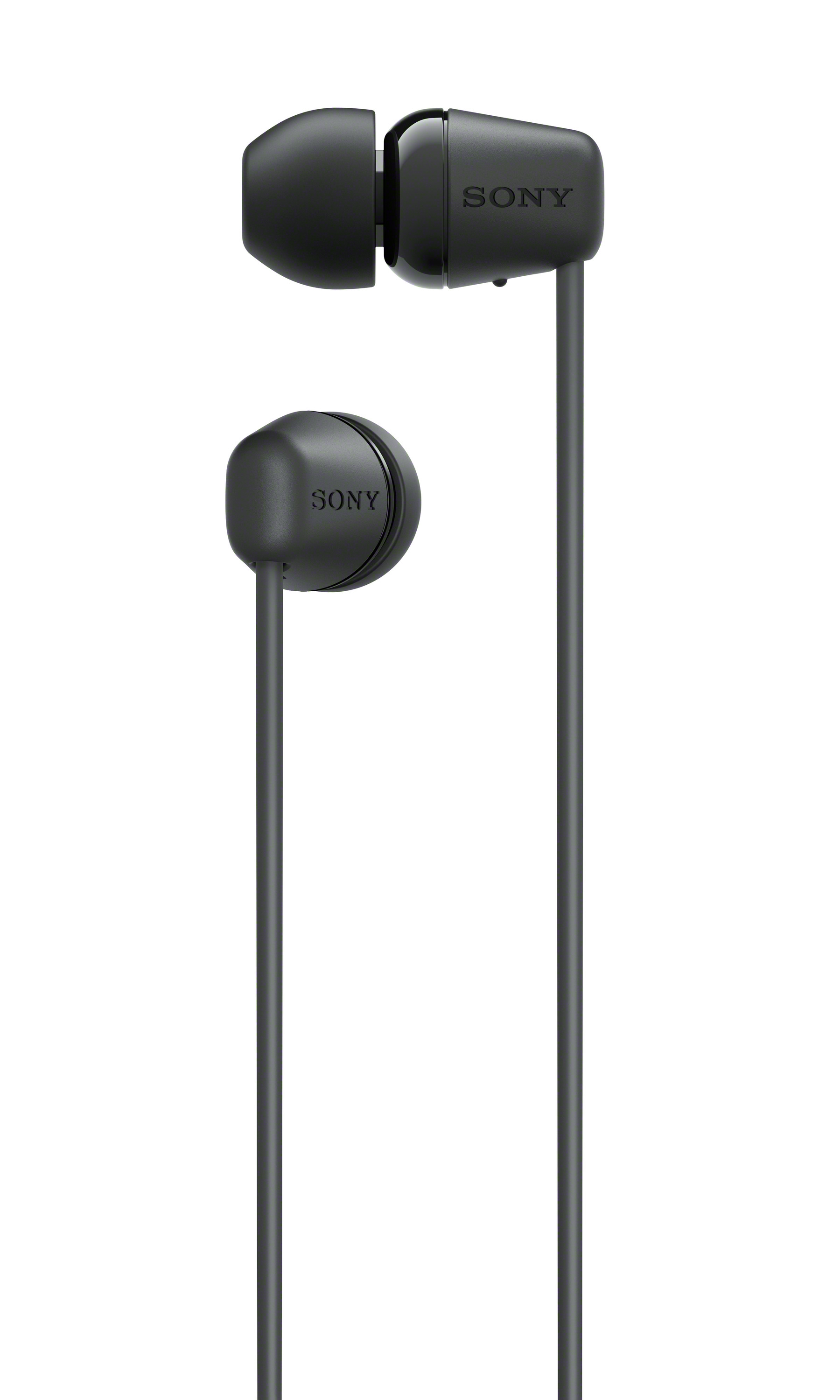 Black Sony earbuds with a clean, white background, simple design.
