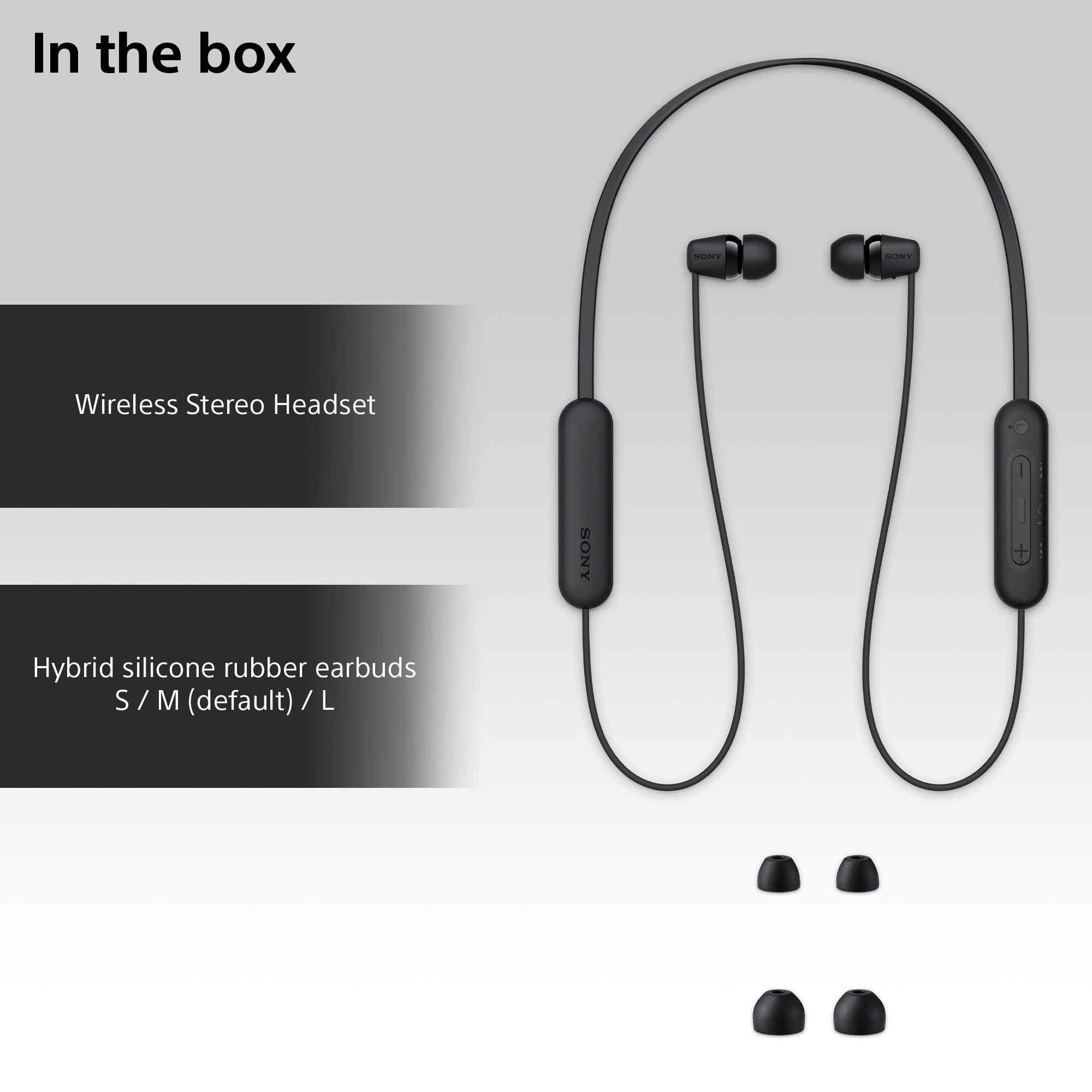 Wireless stereo headset with earbuds and extra silicone tips. Black design, white background.