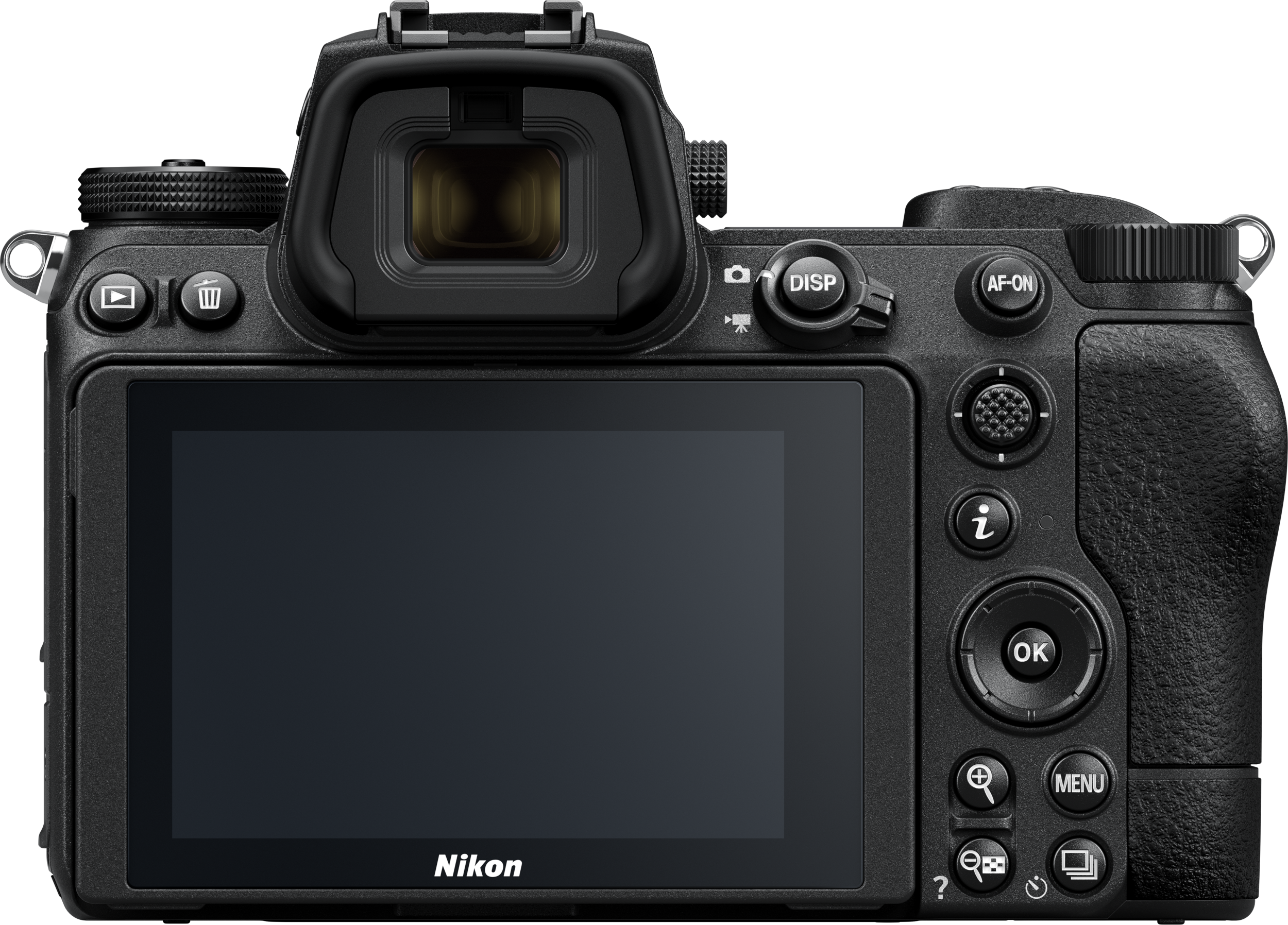 Eine schwarze Kamera mit Bildschirm und Knöpfen, mit dem Nikon-Logo.