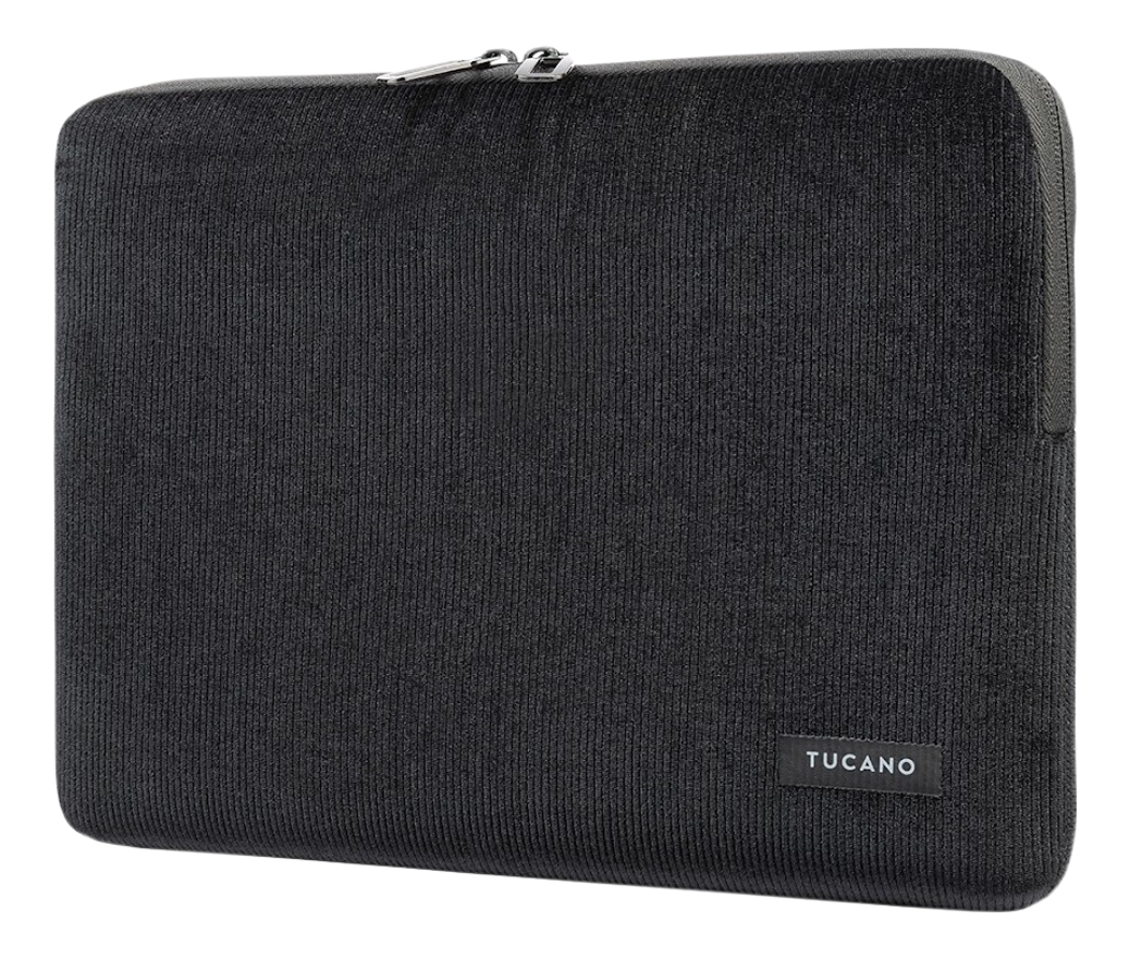Eine schwarze Laptop-Hülle aus Cord mit grauem Reißverschluss und Logo.