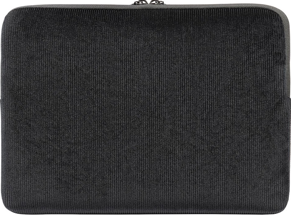 Eine schwarze Laptop-Hülle aus Cord mit Reißverschluss.