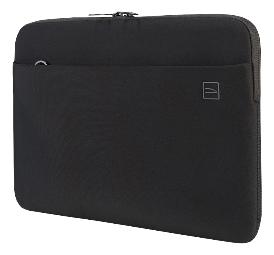Schwarze Laptoptasche mit kleinem Logo unten rechts.
