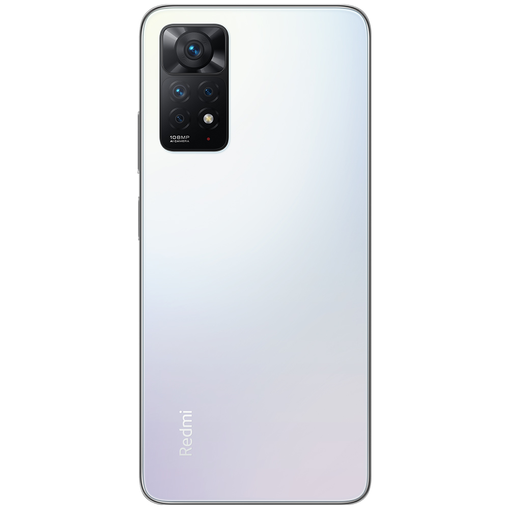 Kamera modülüne sahip beyaz bir Redmi akıllı telefonun arkası. Siyah kamera lensleri ve flaş.
