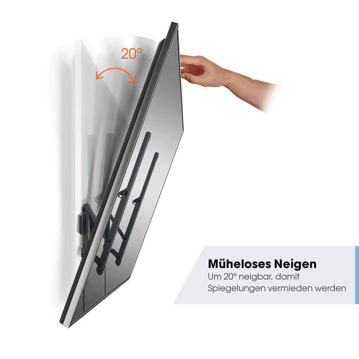 Fernseher, der sich auf einer Wandhalterung neigt. Eine Hand stellt den Winkel ein. Text: 'Müheloses Neigen'.