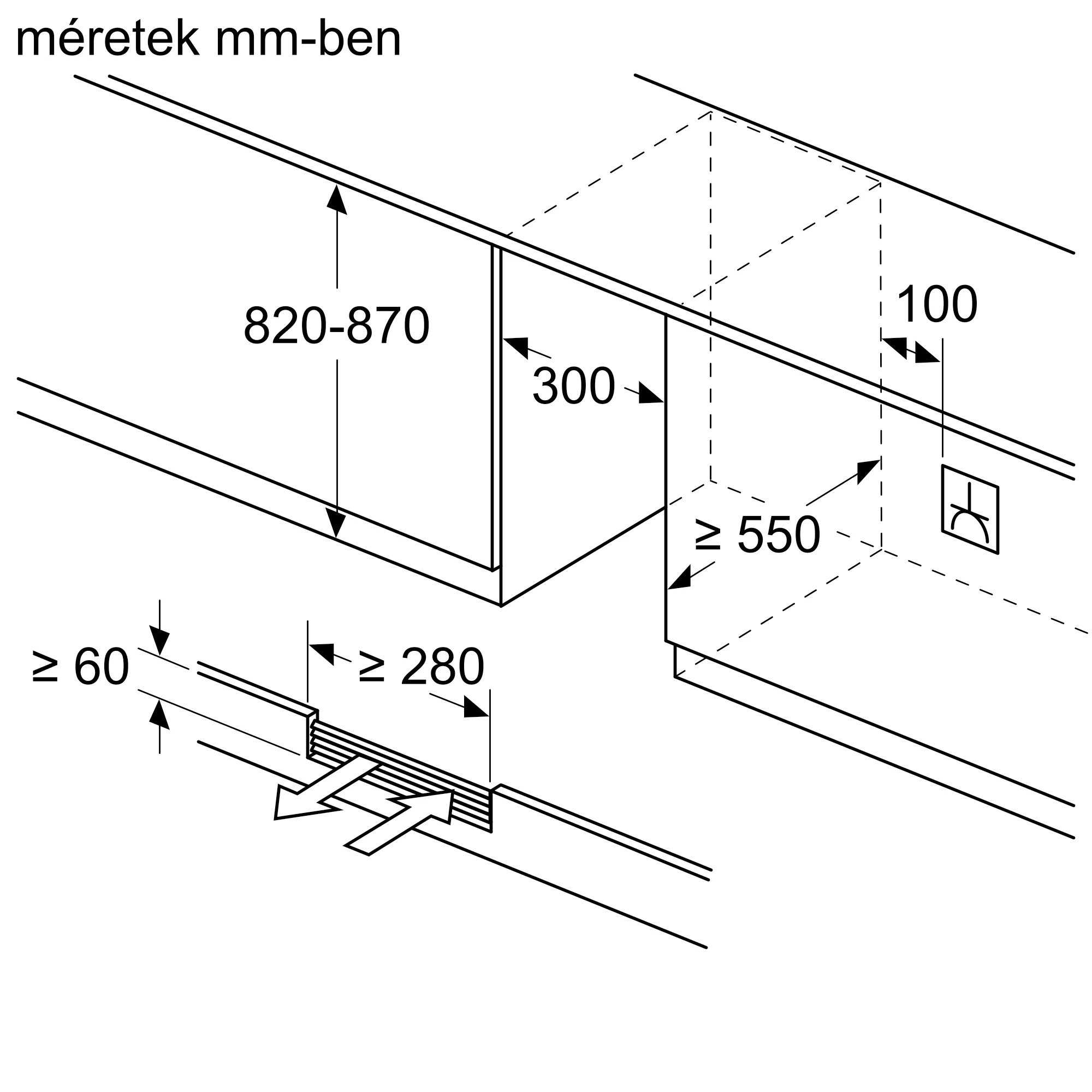 Diagram a szerkezet méreteit ábrázolja, milliméteres mérésekkel.