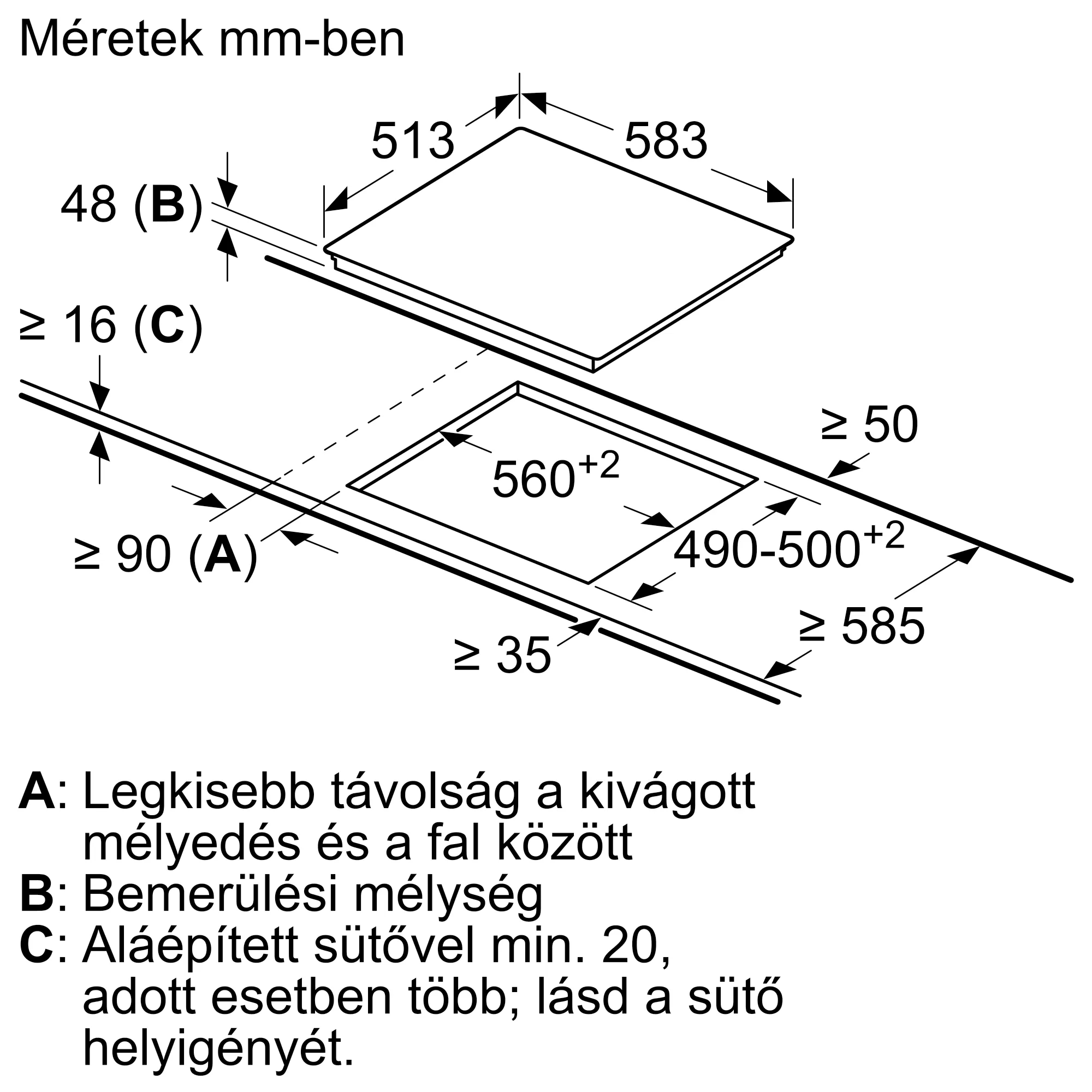 Műszaki rajz a főzőlap beépítési méreteivel.