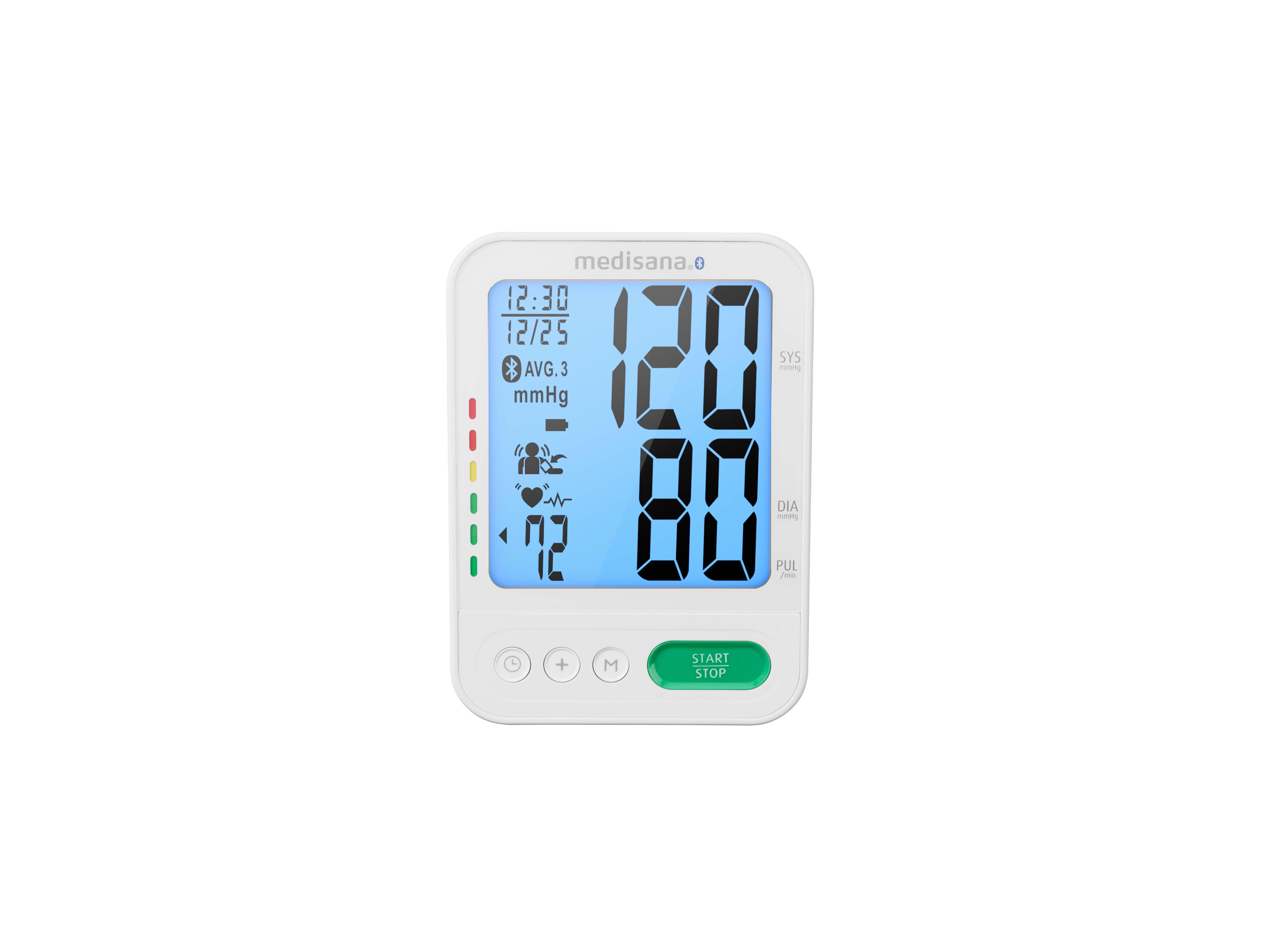 Digitales Blutdruckmessgerät, weiß mit blauem Display. Zeigt Werte: 120/80 mmHg, 72 Puls.