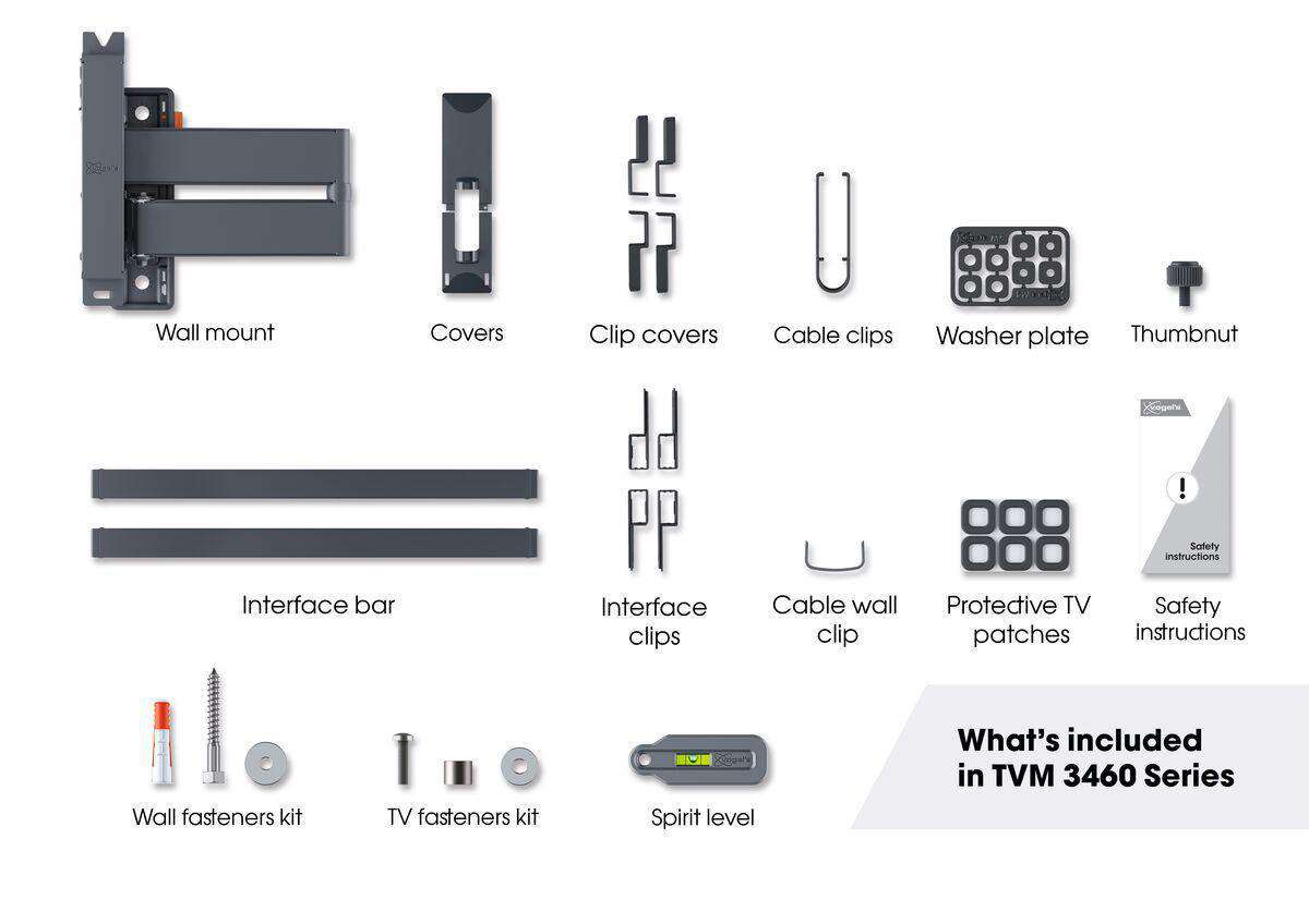 TV-Wandhalterungs-Kit-Komponenten. Enthält Wandhalterung, Clips und Schrauben. Weißer Hintergrund.