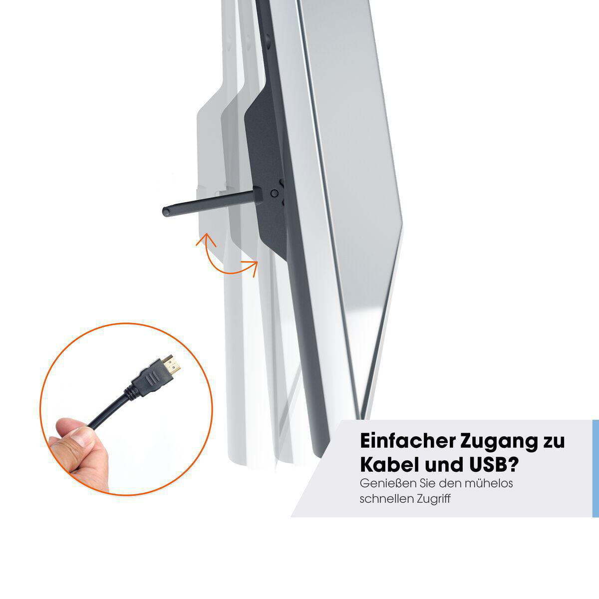 Seitenansicht eines digitalen Bilderrahmens. Schwarzer Rahmen mit silbernen Kanten. HDMI-Kabel ist eingesetzt.