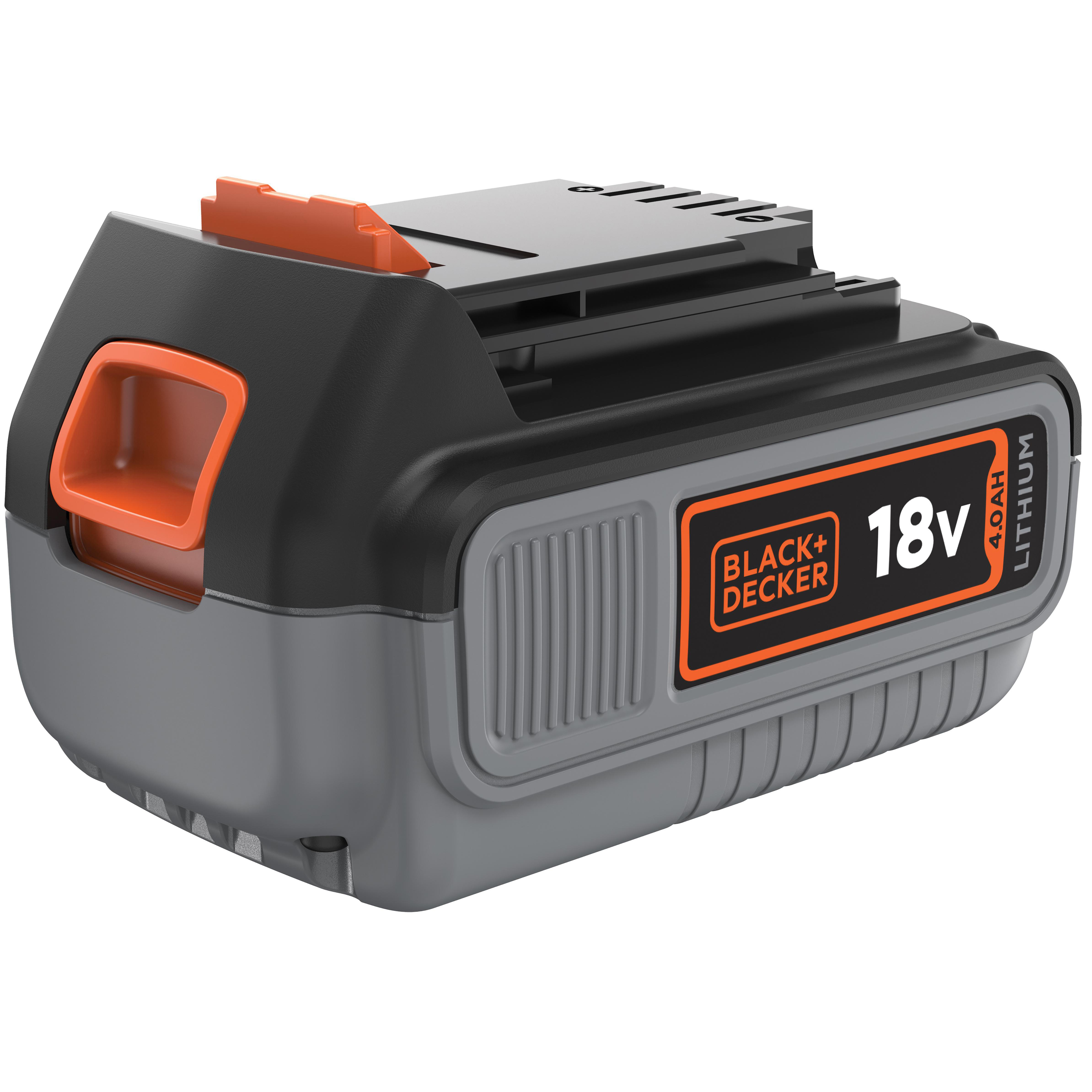 Schwarzer und grauer 18V Black+Decker Akku. Verfügt über einen orangenen Griff und Etikett.