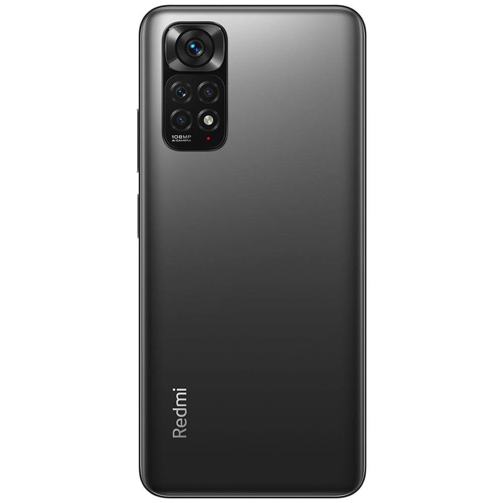 Çok lensli kamera kurulumuna sahip siyah bir Redmi telefonun arka görünümü.