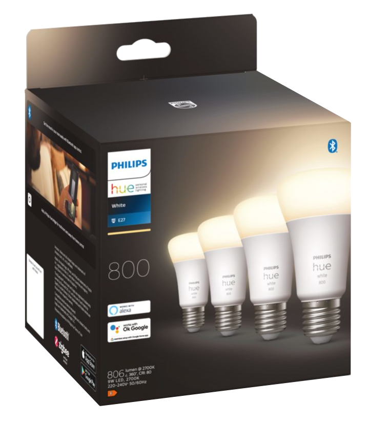 Egy doboz Philips Hue okos izzó.