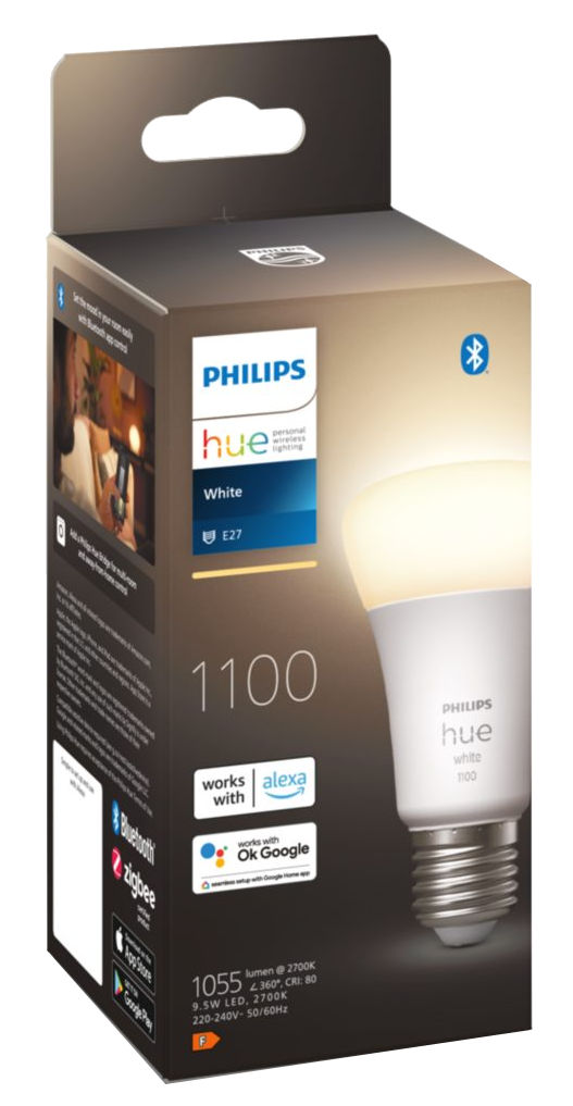 Philips Hue okos izzó doboza. A doboz az izzót és a funkcióit mutatja.