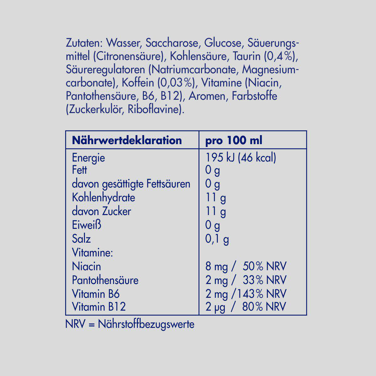 Nährwerttabelle, deutscher Text, pro 100 ml.