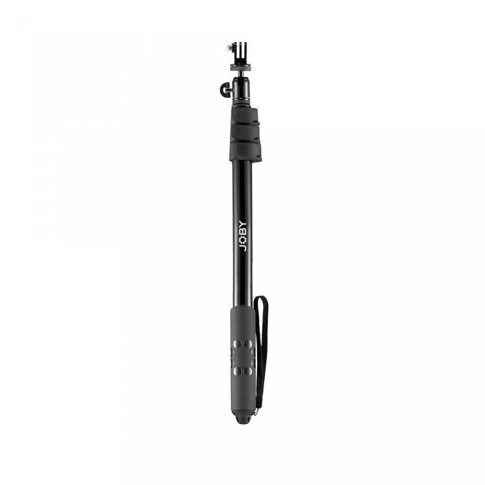Black selfie stick with grip handle. Extended, with a camera mount at the top.