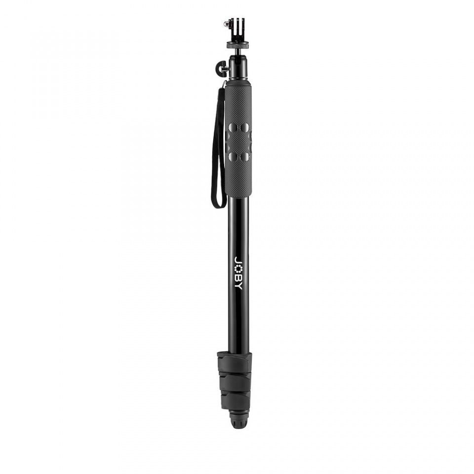 Black JOBY selfie stick/tripod with a camera mount at the top, on a white background.