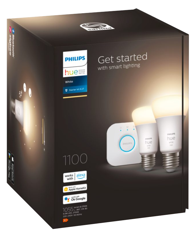 Philips Hue intelligens világítás kezdőkészlet doboza két izzóval és egy hubbal.