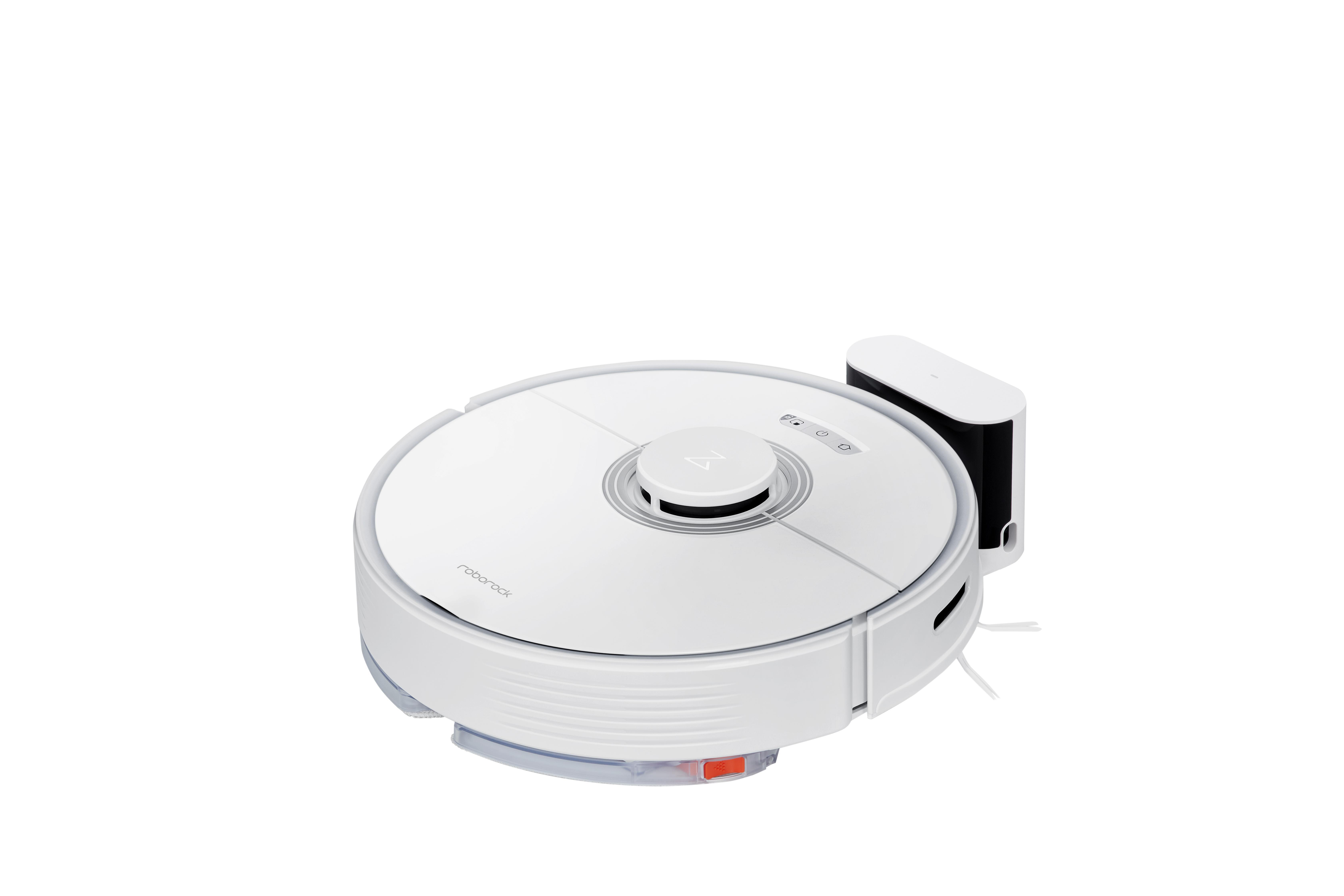Ein weißer Roborock Staubsauger mit schwarzer Ladestation. Der Staubsauger ist rund.