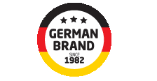 Logo der deutschen Marke: Kreis mit deutschen Flaggenfarben, drei Sternen, Text 'GERMAN BRAND'.
