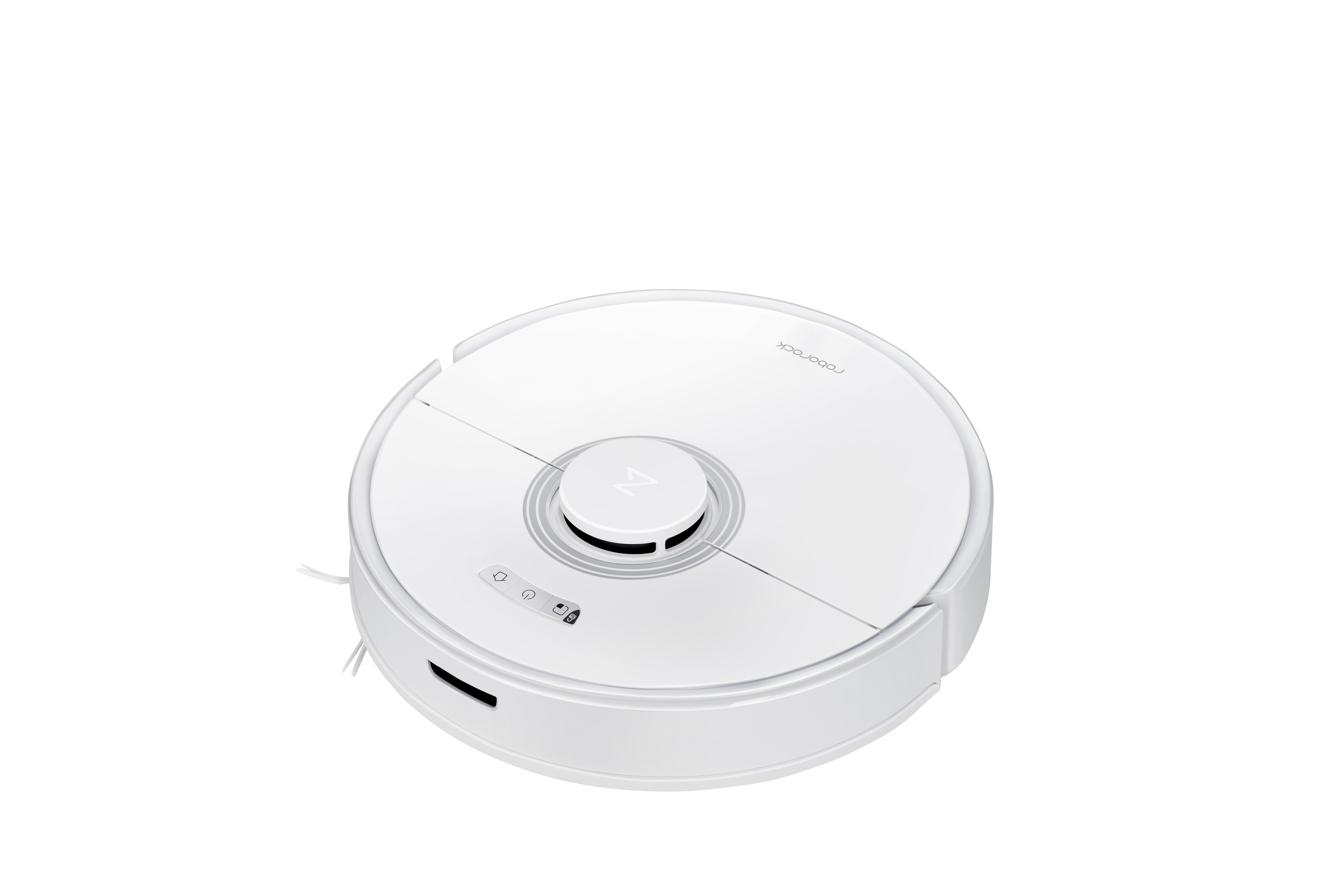 Ein weißer Roborock Roboter-Staubsauger. Er ist rund mit einem zentralen Knopf und mehreren Kontrollleuchten.