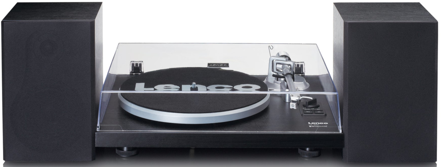 Une platine vinyle avec des enceintes de chaque côté. La marque 'Lenco' est visible.