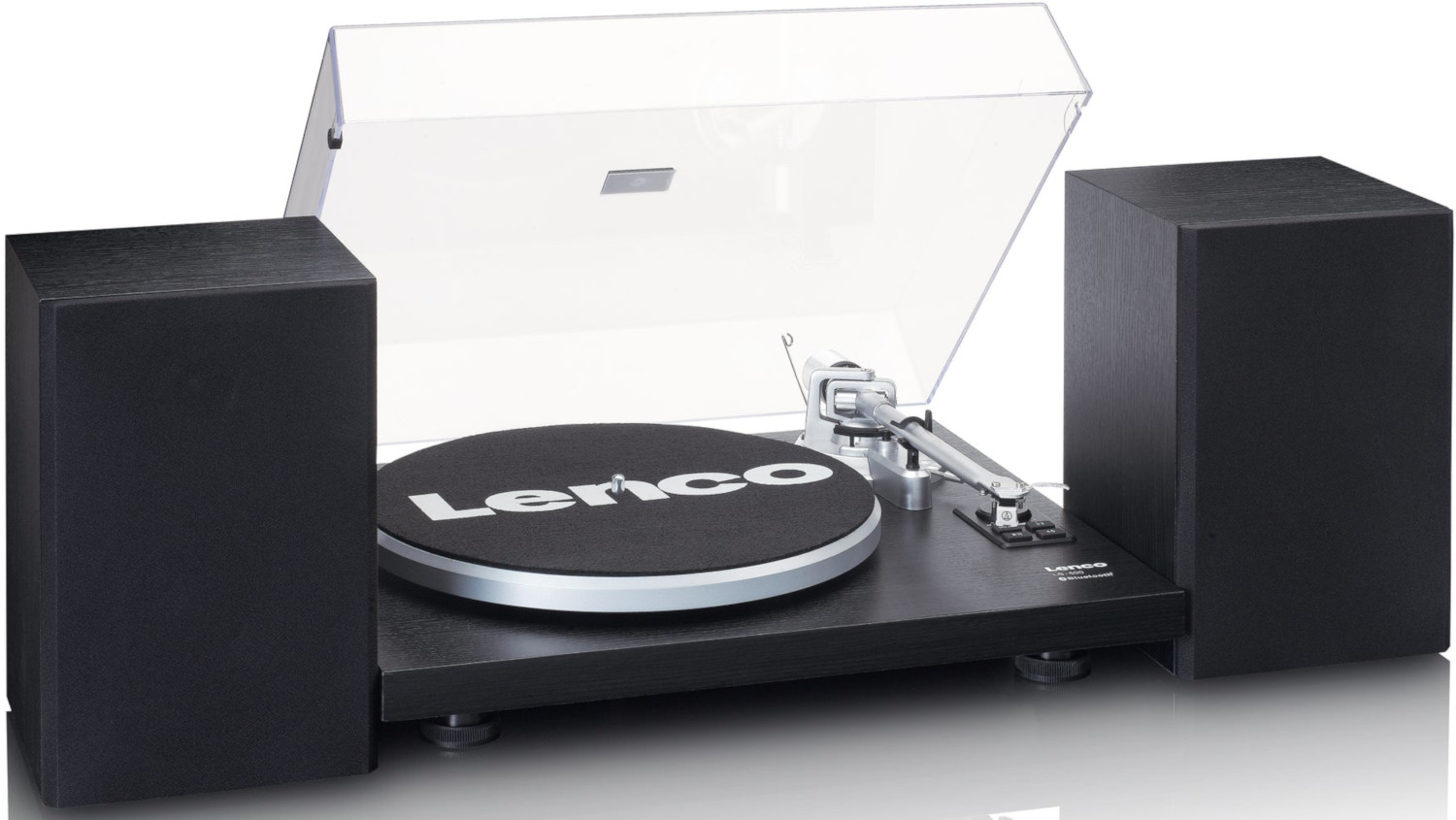 Platine vinyle avec haut-parleurs, noir et argent, avec le mot Lenco.