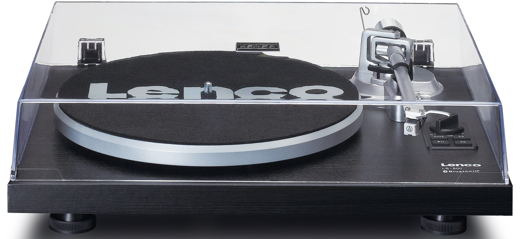 Une platine vinyle noire avec un couvercle transparent et un disque noir sur le plateau.
