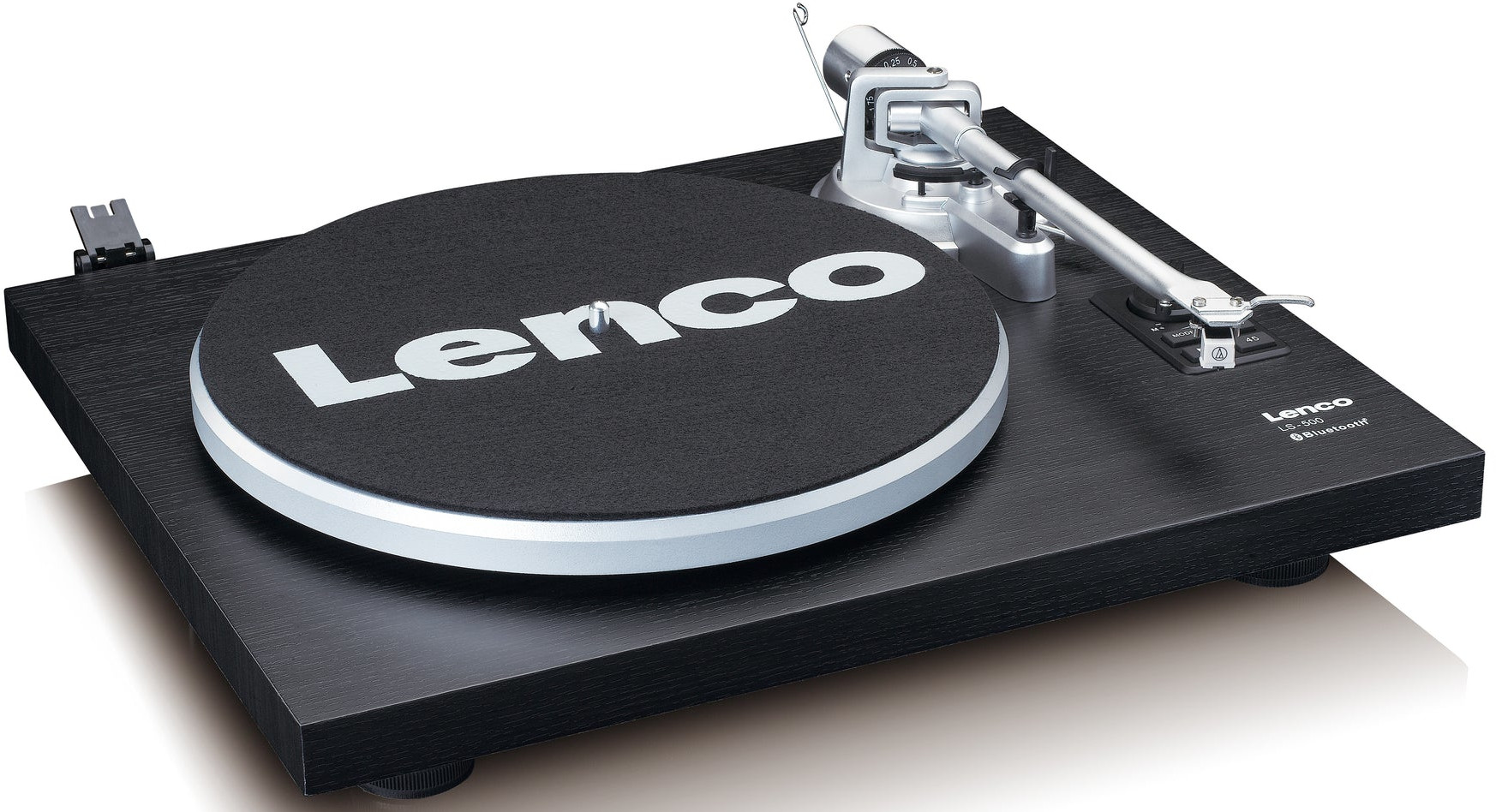 Platine vinyle Lenco noire avec surface noire et bras argenté. Logo Lenco blanc.
