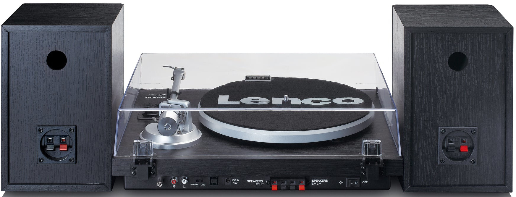Une platine vinyle Lenco noire avec deux enceintes noires sur fond blanc.