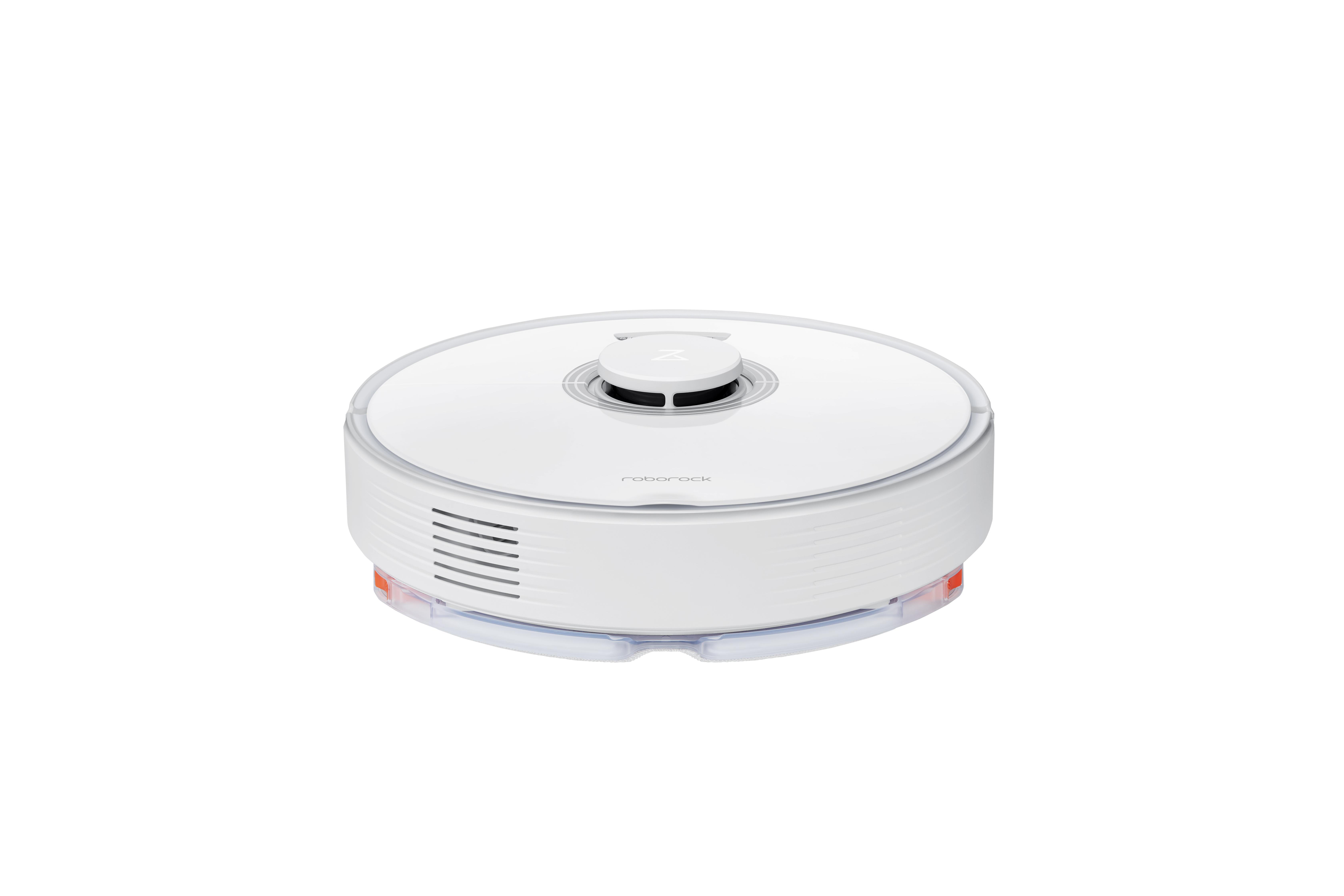 Weißer runder Roboter-Staubsauger auf weißem Hintergrund.