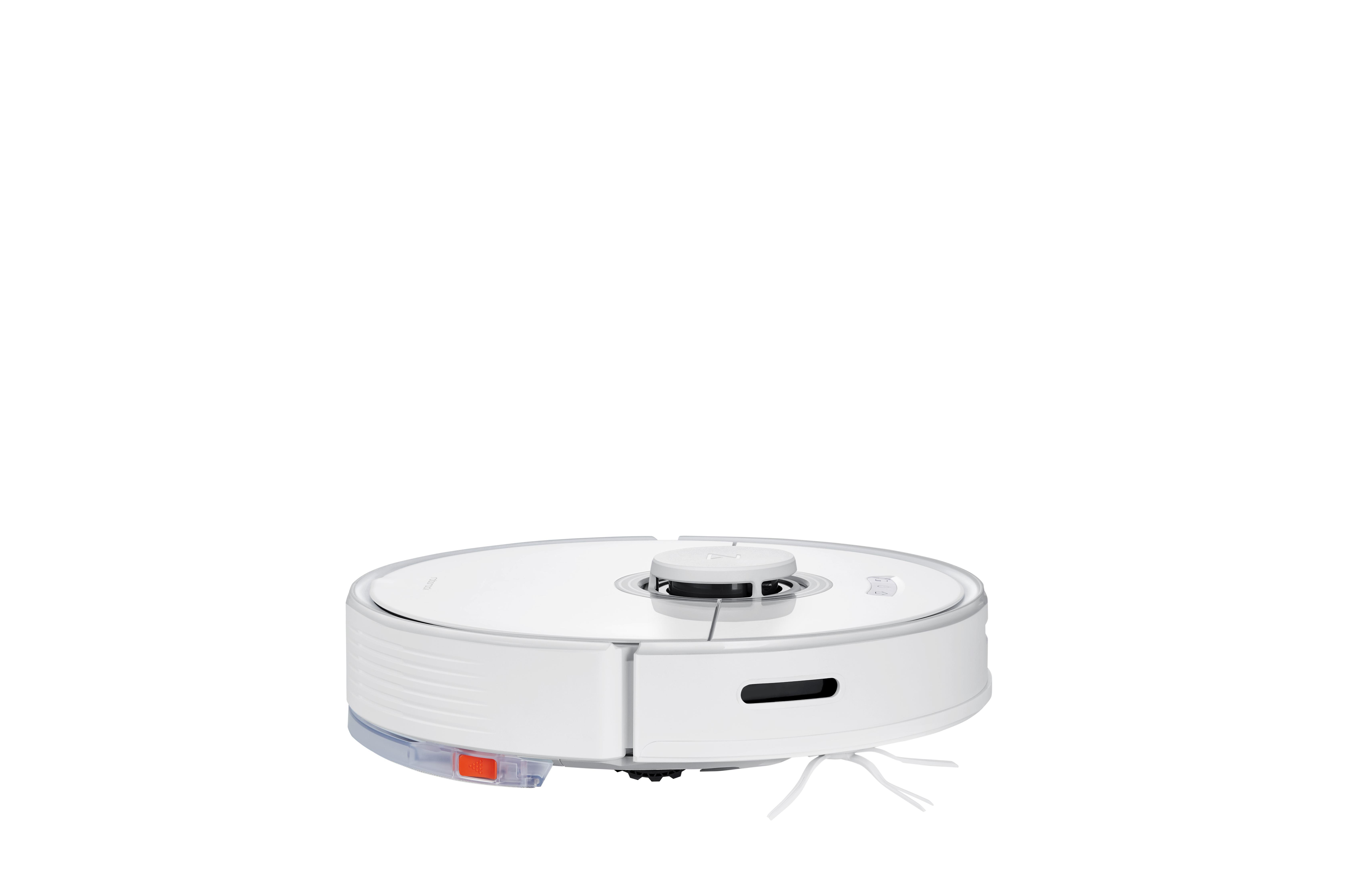 Weißer Roboter-Staubsauger mit Bürste. Sauberer, weißer Hintergrund.