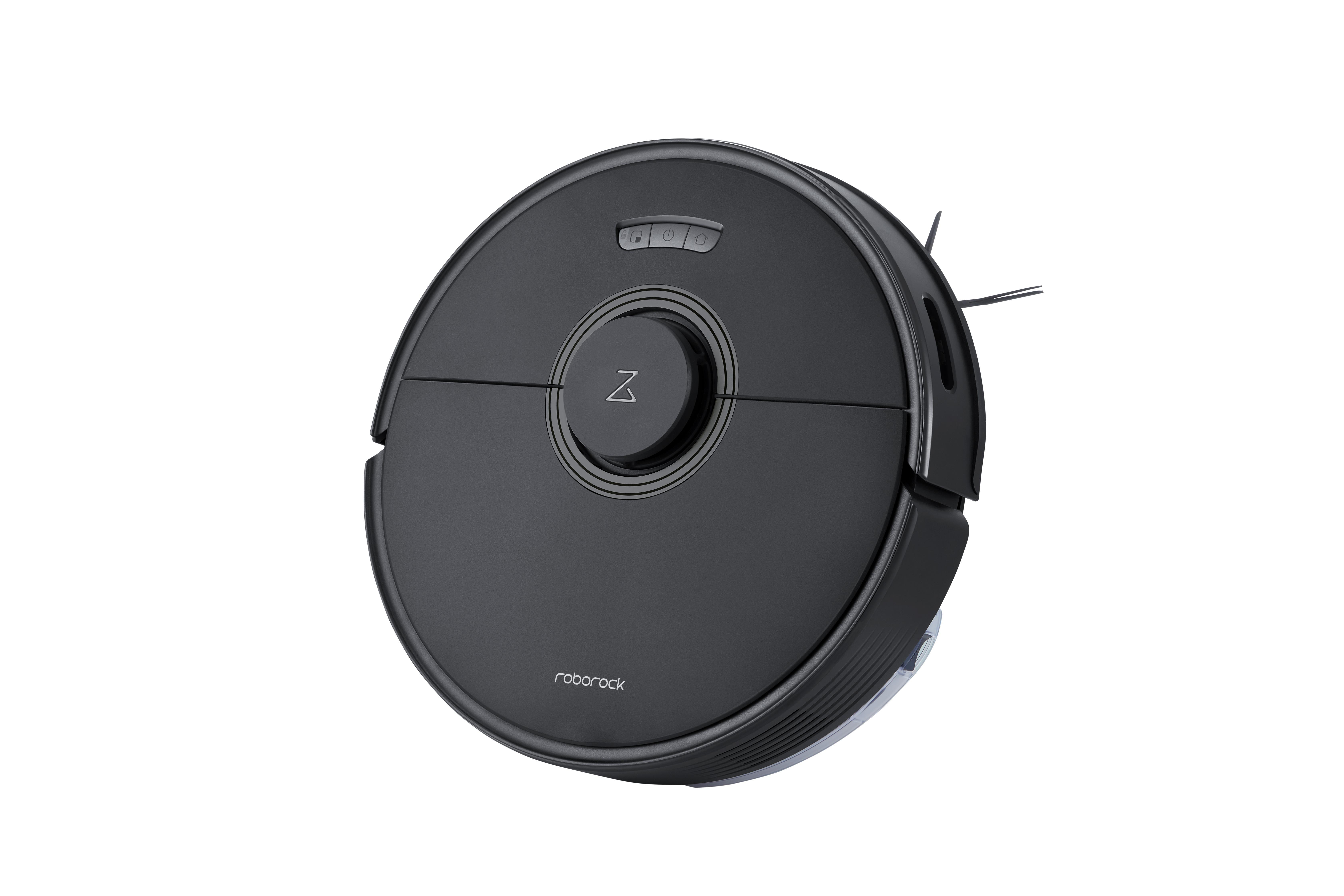 Schwarzer Roborock Roboter-Staubsauger. Rund, mit zentralem Logo und Sensoren.