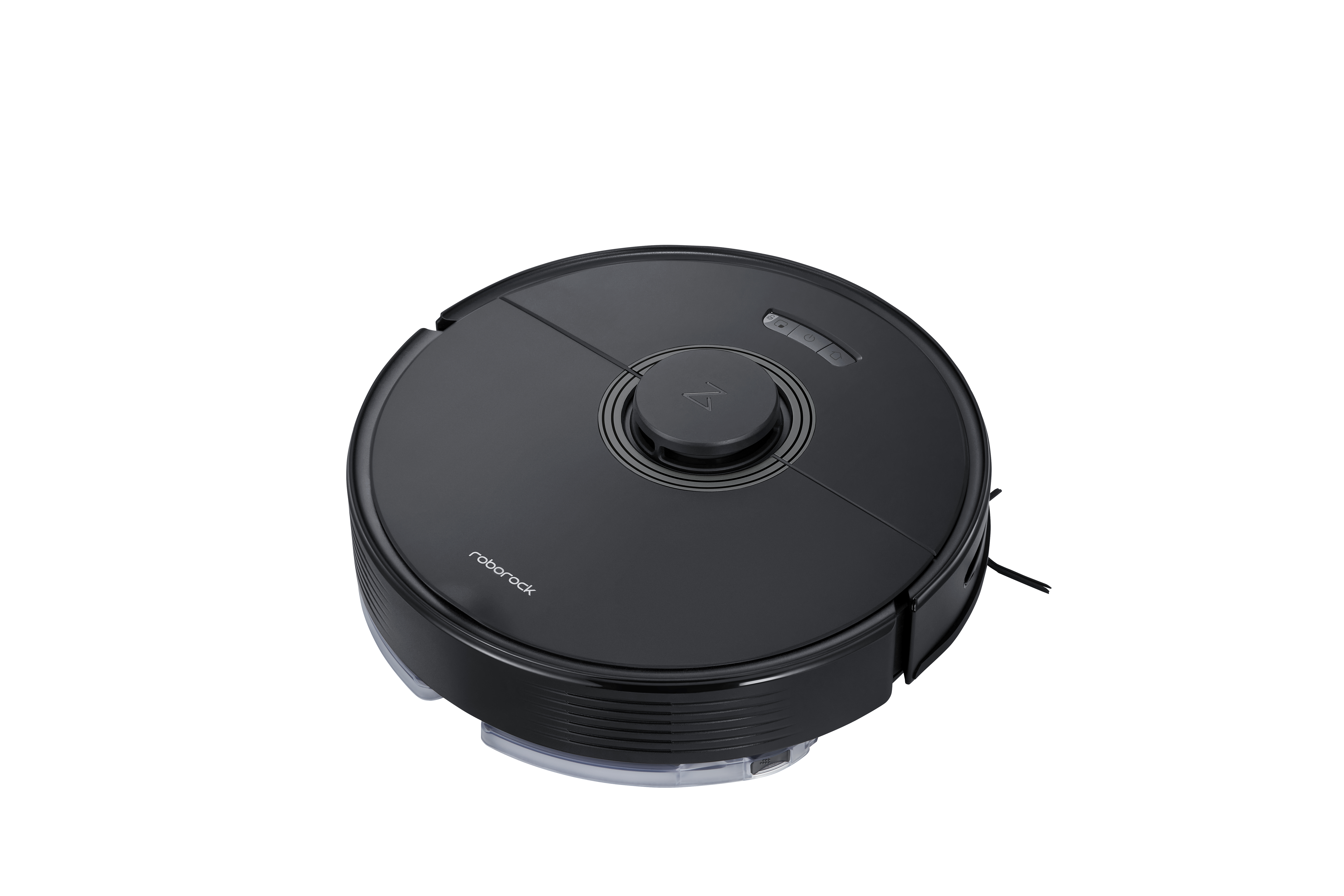 Ein schwarzer Roboter-Staubsauger auf einer weißen Oberfläche. Es hat ein kreisförmiges Design und eine obere Taste.