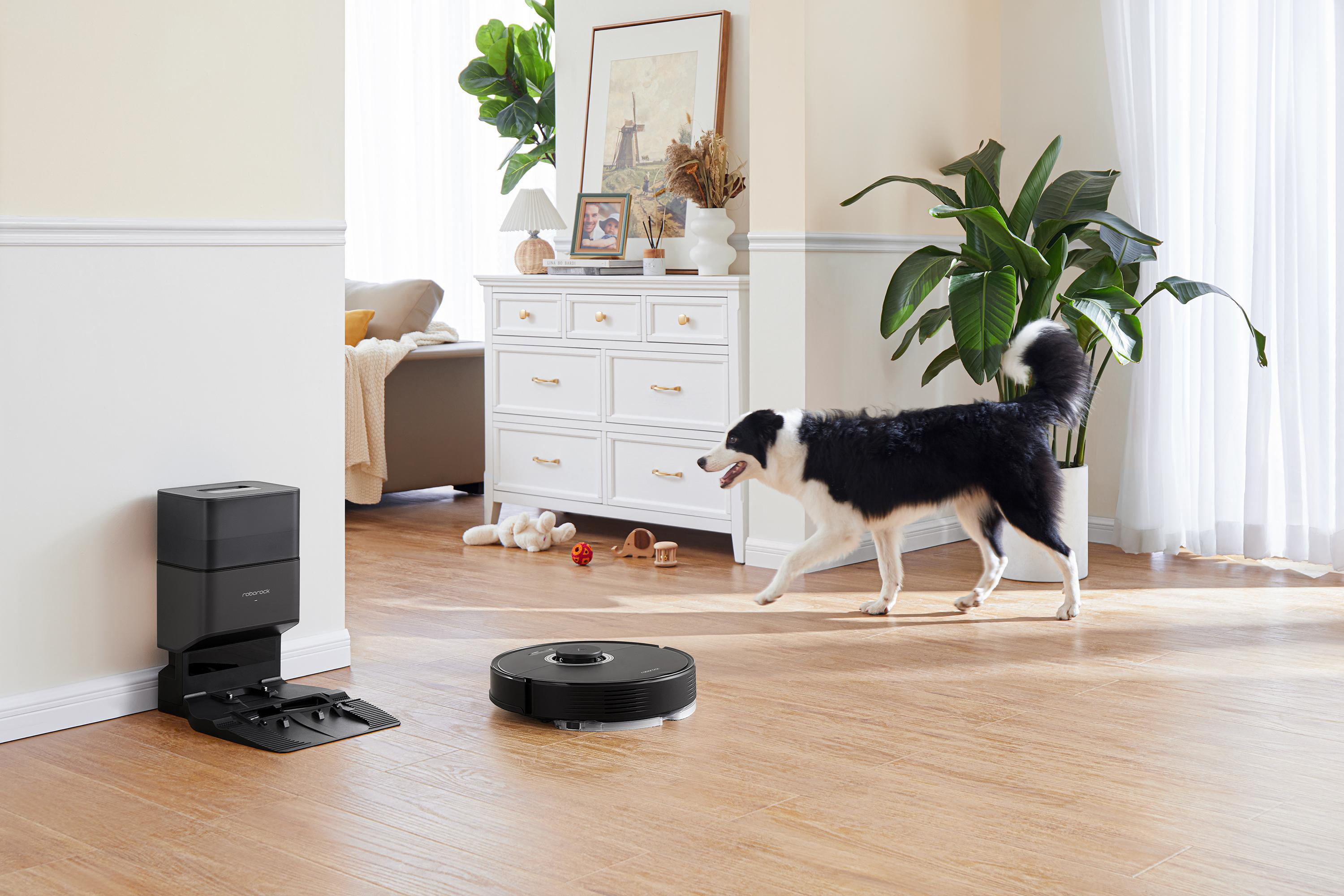 Roboter-Staubsauger und Ladestation in einem Zuhause. Hund geht im Hintergrund vorbei.