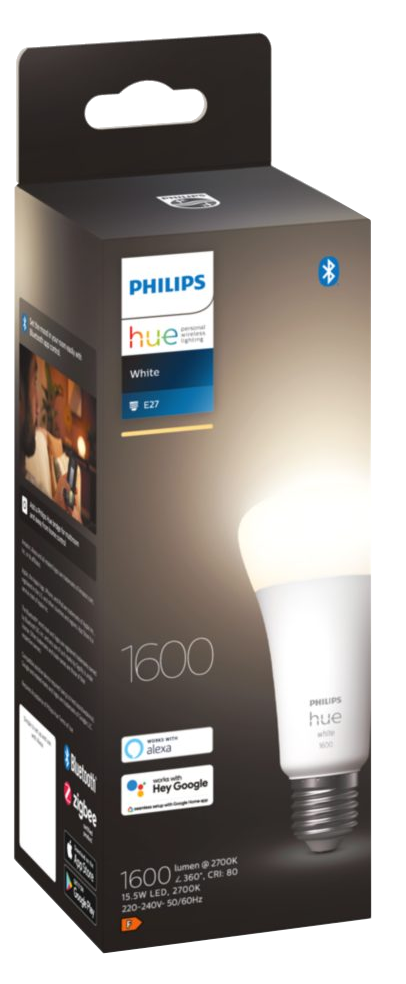 Philips Hue izzó dobozban. A fehér izzó világít. A dobozon a márkanév és a Bluetooth logója látható.