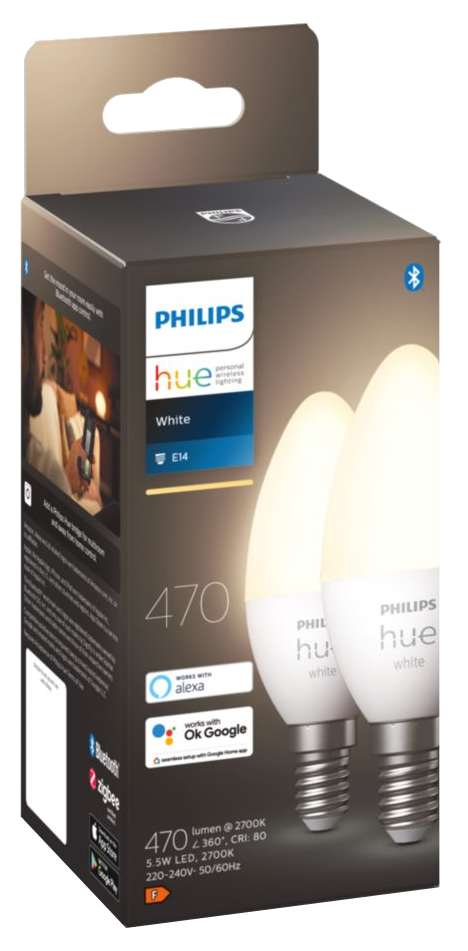 Philips Hue izzók egy dobozban. Fehér izzók E14 foglalattal és termék részletekkel.