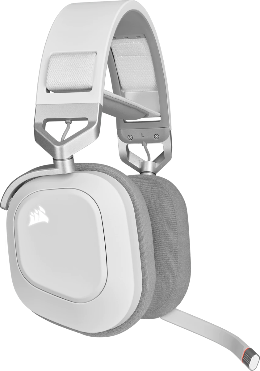 Weißes und graues Gaming-Headset mit Mikrofon. Schwarzer Hintergrund.