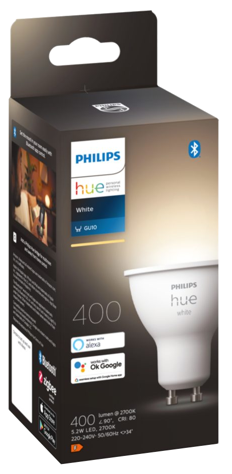 Philips Hue izzó doboza, egy fehér GU10 izzót és funkciókat mutatva.