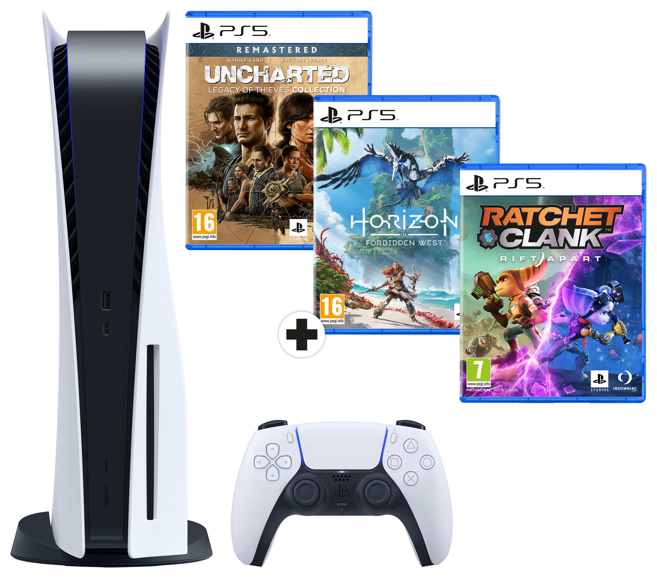 PlayStation 5 + Horizon Forbidden West +  Ratchet & Clank: Rift Apart + Uncharted: Legacy of Thieves Collection Bundle - Spielekonsole - Weiss/Schwarz