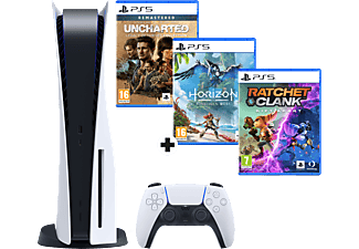 PlayStation 5 + Horizon Forbidden West +  Ratchet & Clank: Rift Apart + Uncharted: Legacy of Thieves Collection Bundle - Spielekonsole - Weiss/Schwarz