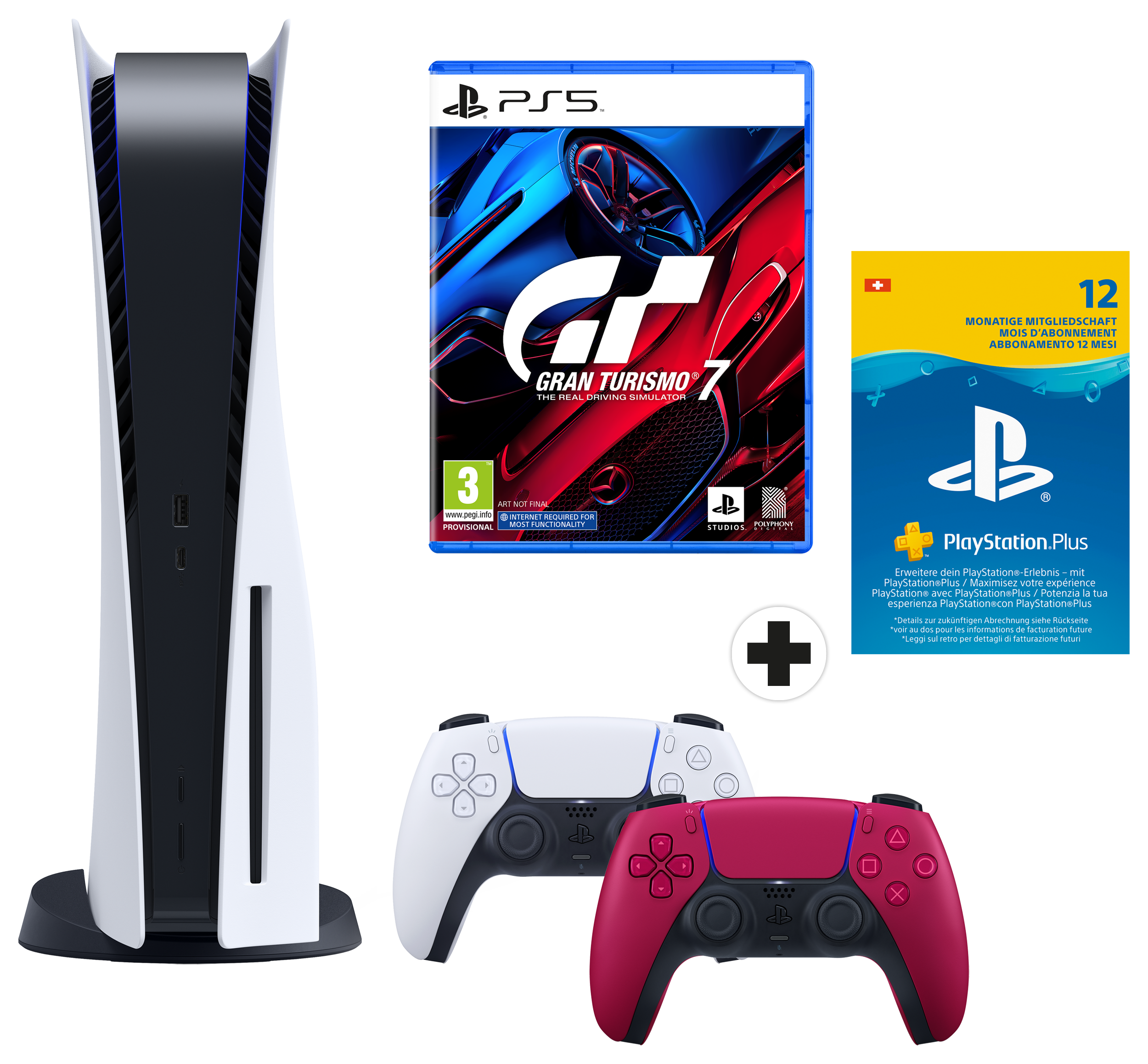 PlayStation 5 + PlayStation Plus (12 Monate) + Gran Turismo 7 +  DualSense (Cosmic Red) Bundle - Spielekonsole - Weiss/Schwarz/Cosmic Red