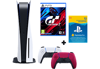 PlayStation 5 + PlayStation Plus (12 Monate) + Gran Turismo 7 +  DualSense (Cosmic Red) Bundle - Spielekonsole - Weiss/Schwarz/Cosmic Red